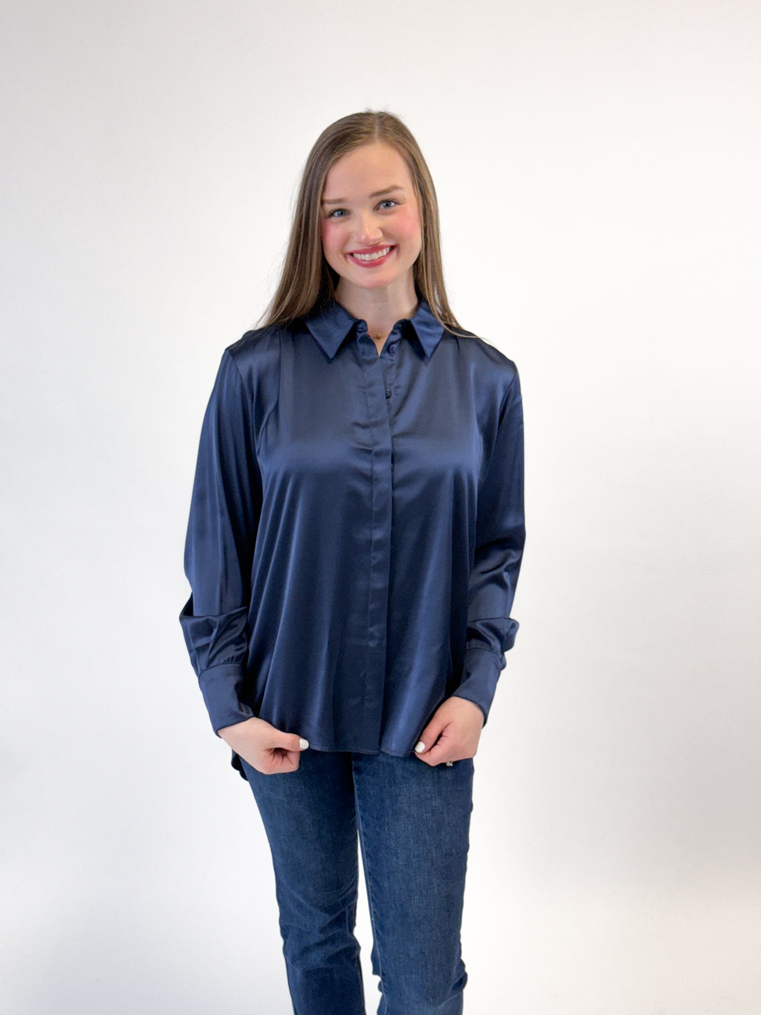 Oversized Satin Hi Low Shirt - Navy