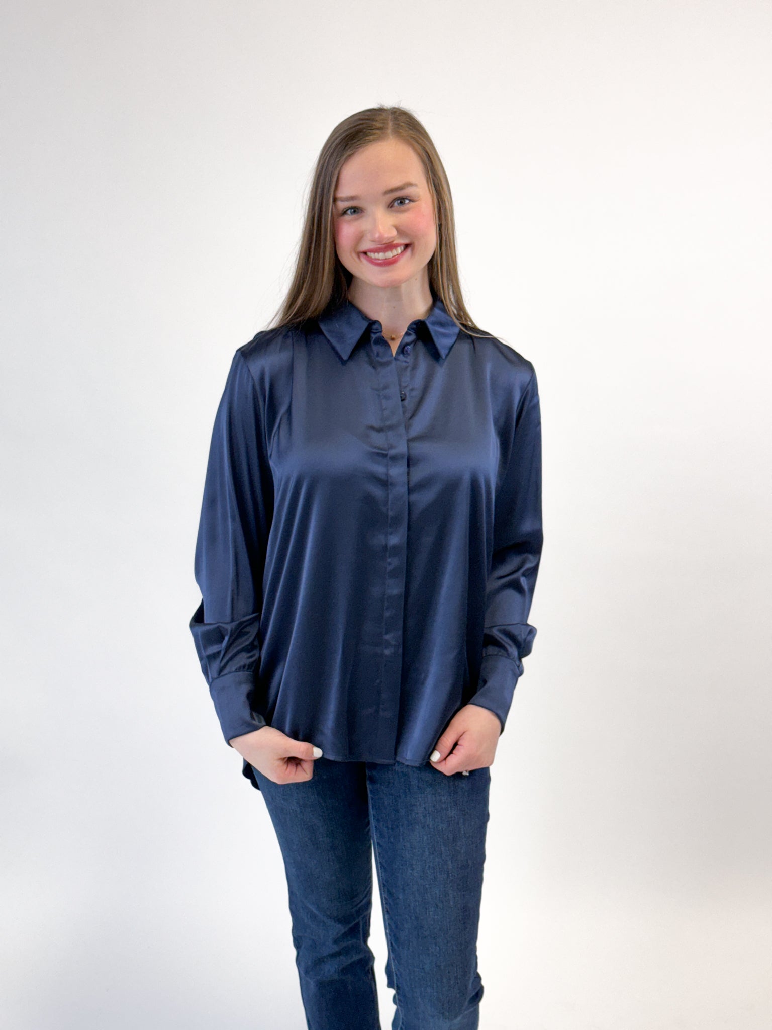 Oversized Satin Hi Low Shirt - Navy