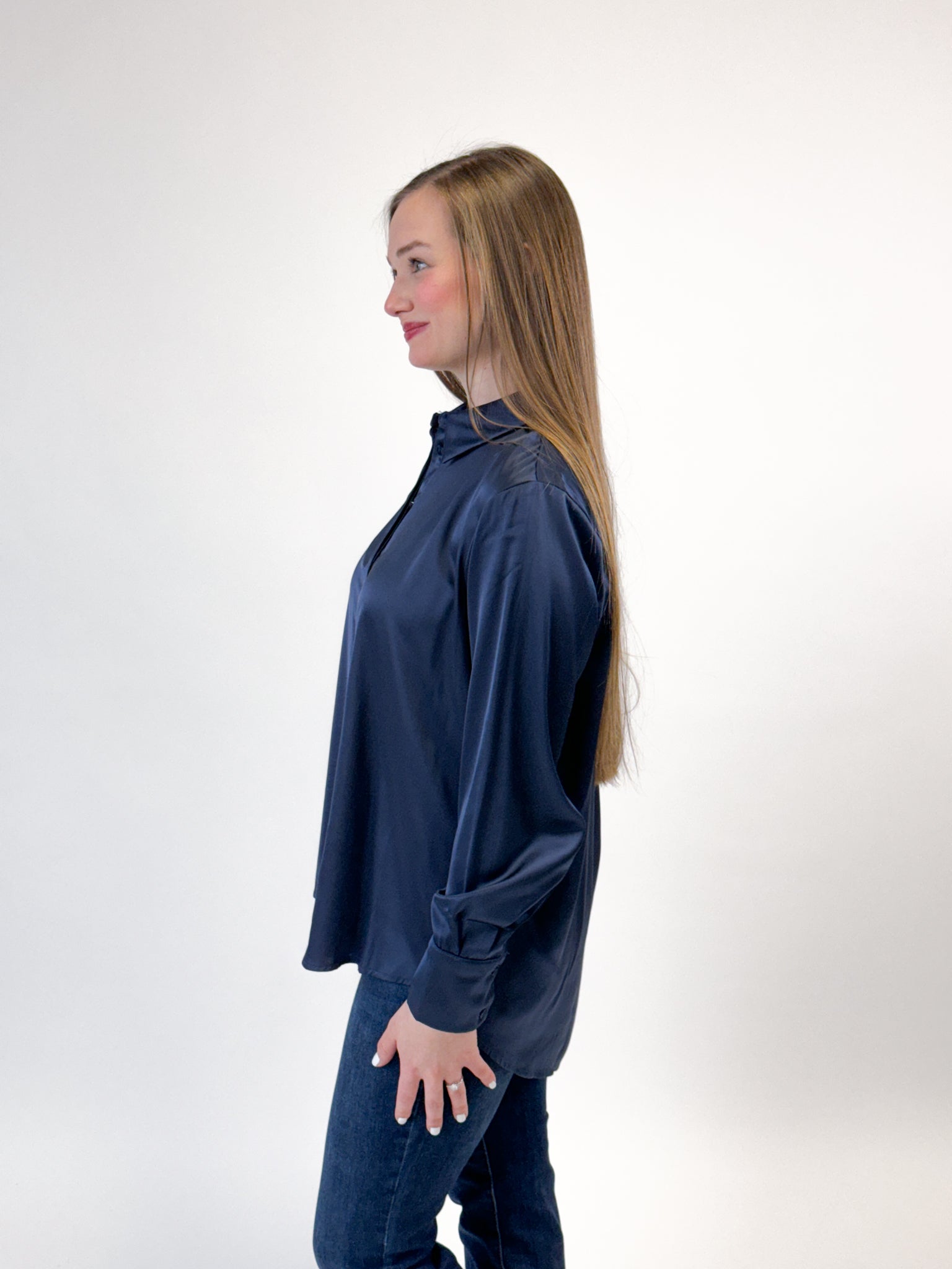 Oversized Satin Hi Low Shirt - Navy