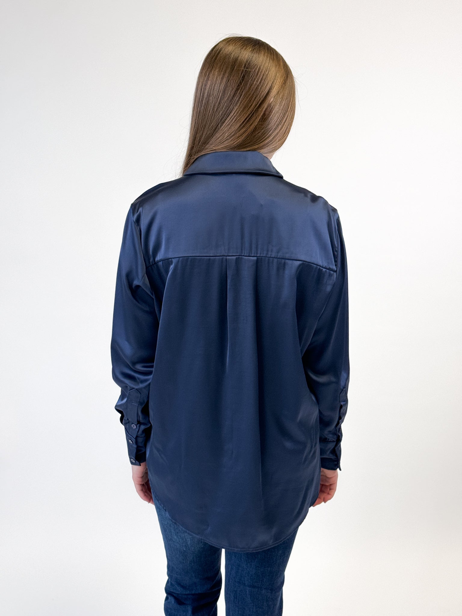 Oversized Satin Hi Low Shirt - Navy