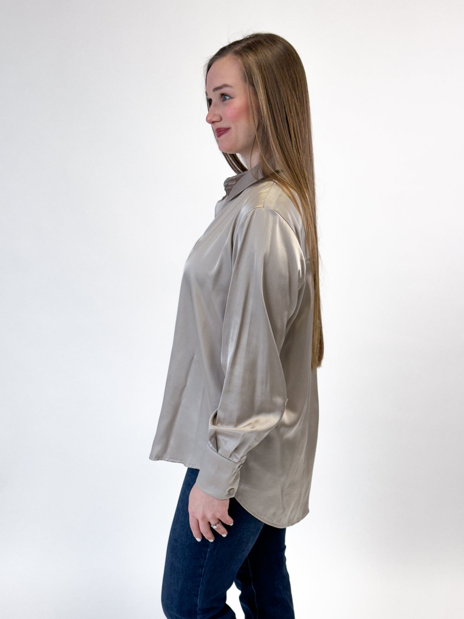 Oversized Satin Hi Low Shirt - Stone