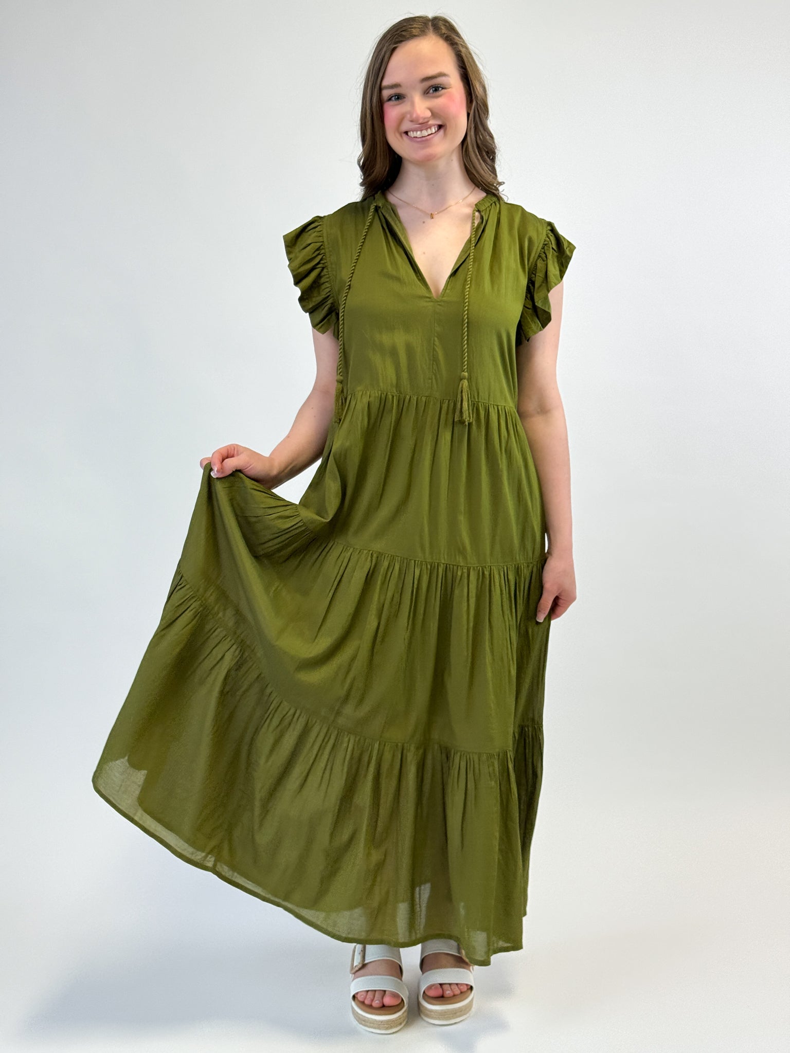 Olive Maxi Dress w/ Ruffle Sleeves