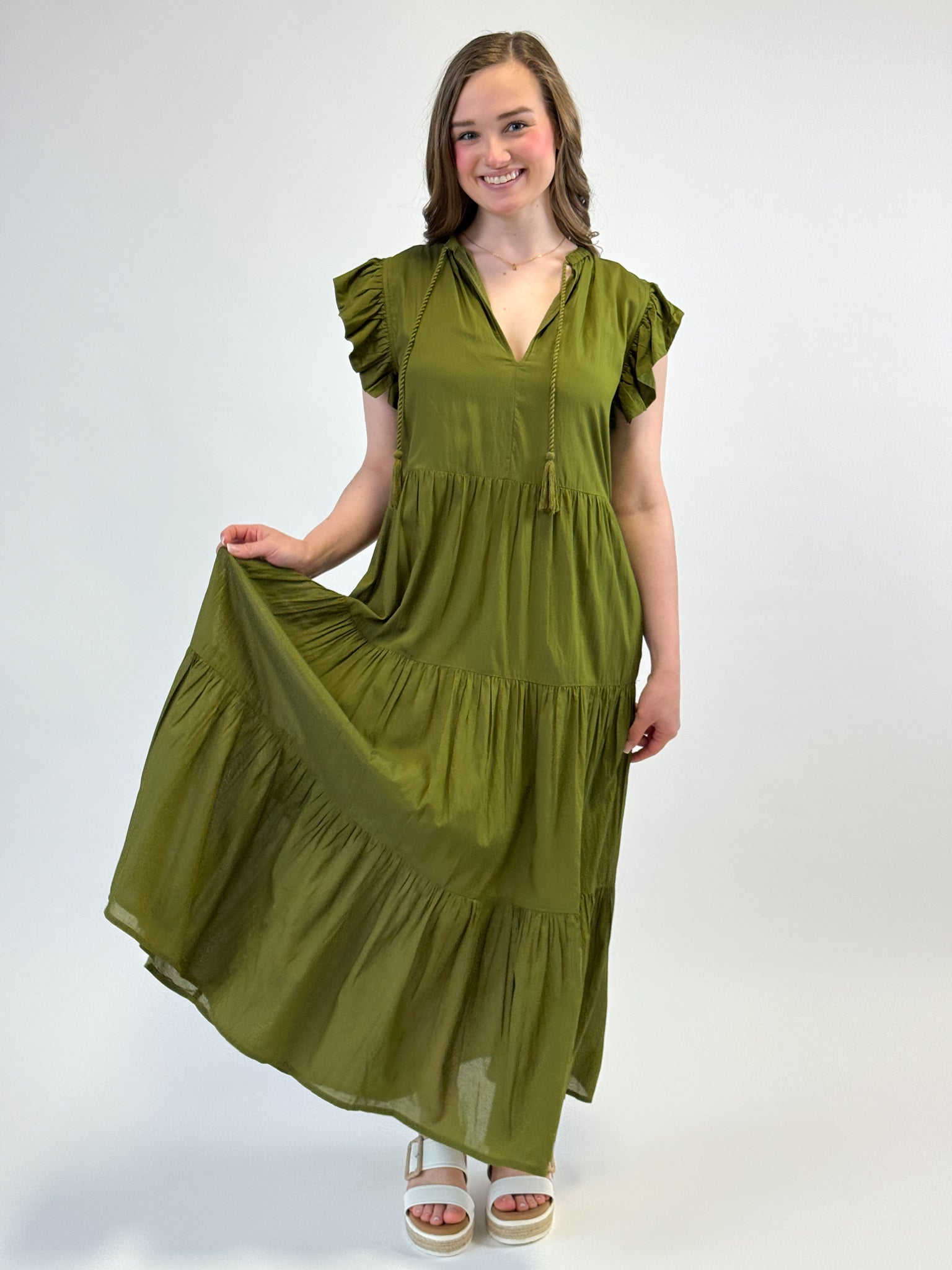 Olive Maxi Dress w/ Ruffle Sleeves