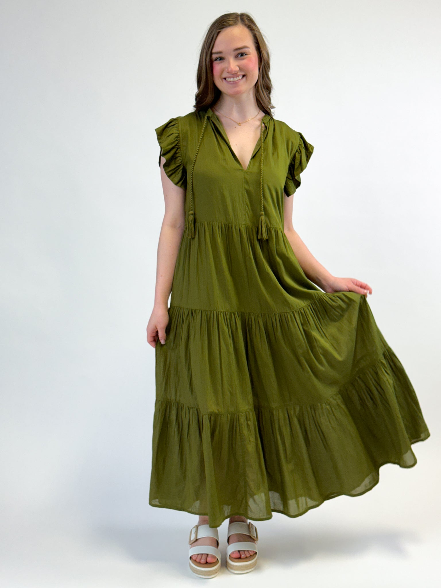 Olive Maxi Dress w/ Ruffle Sleeves