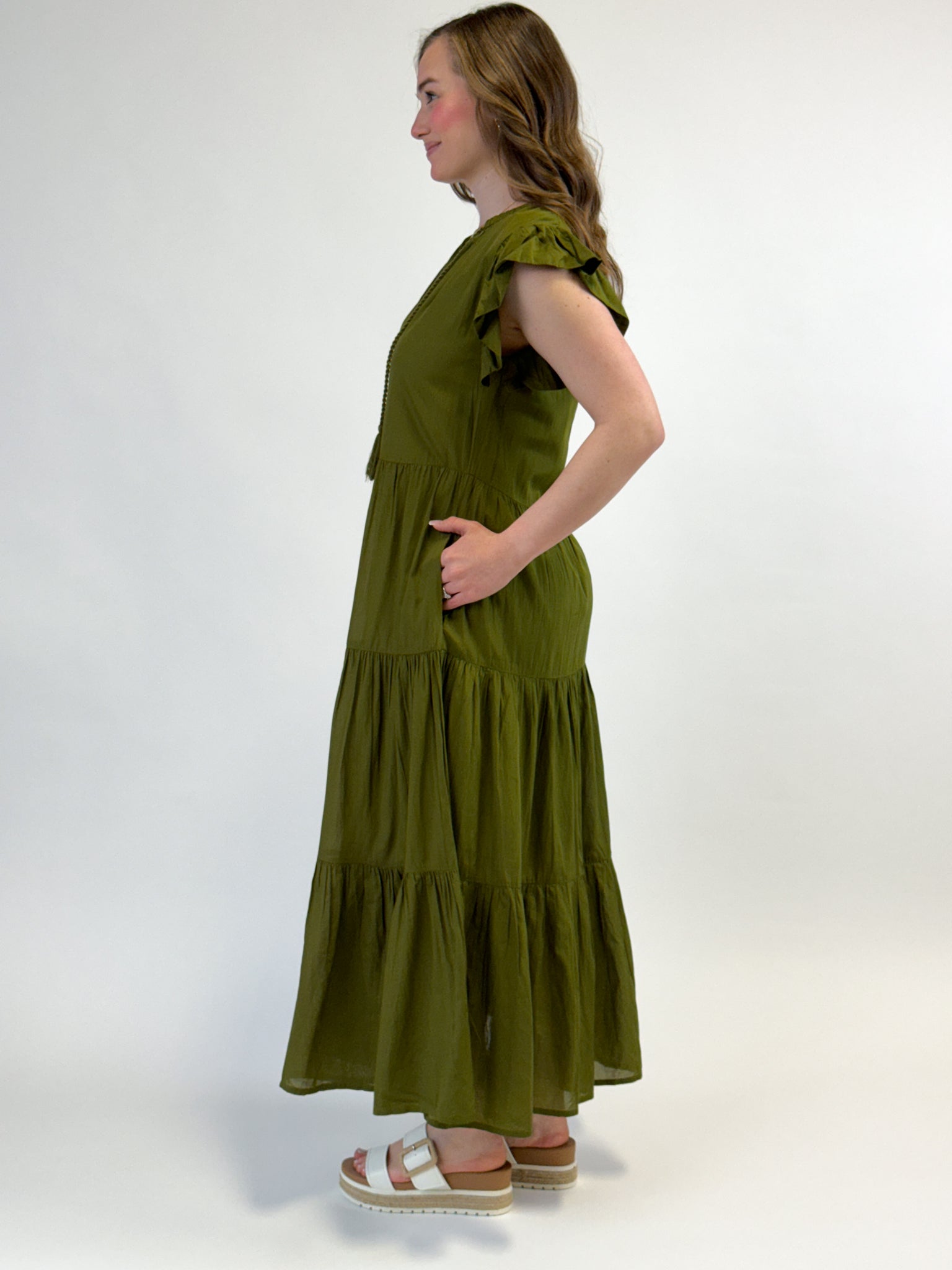 Olive Maxi Dress w/ Ruffle Sleeves