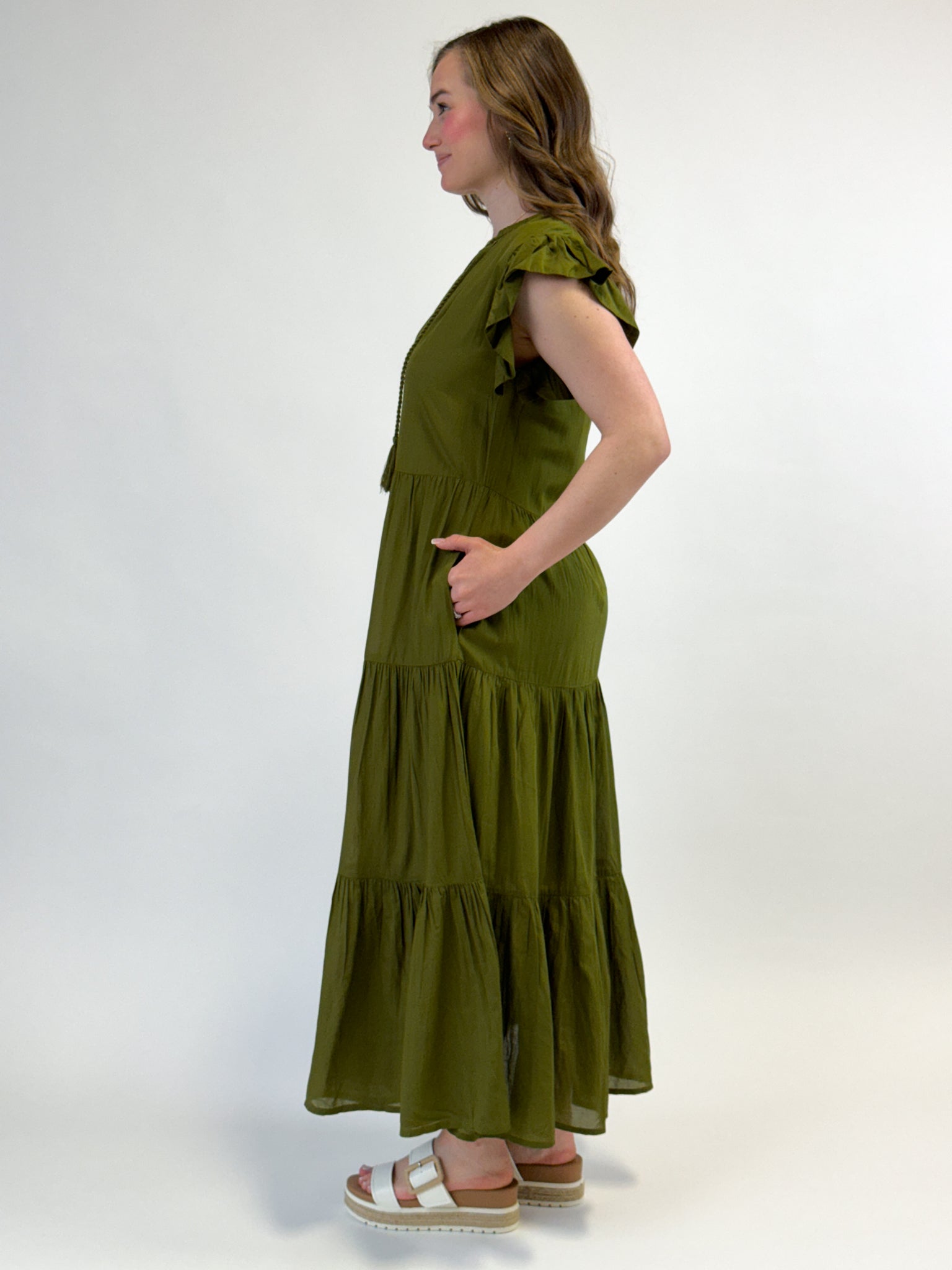 Olive Maxi Dress w/ Ruffle Sleeves