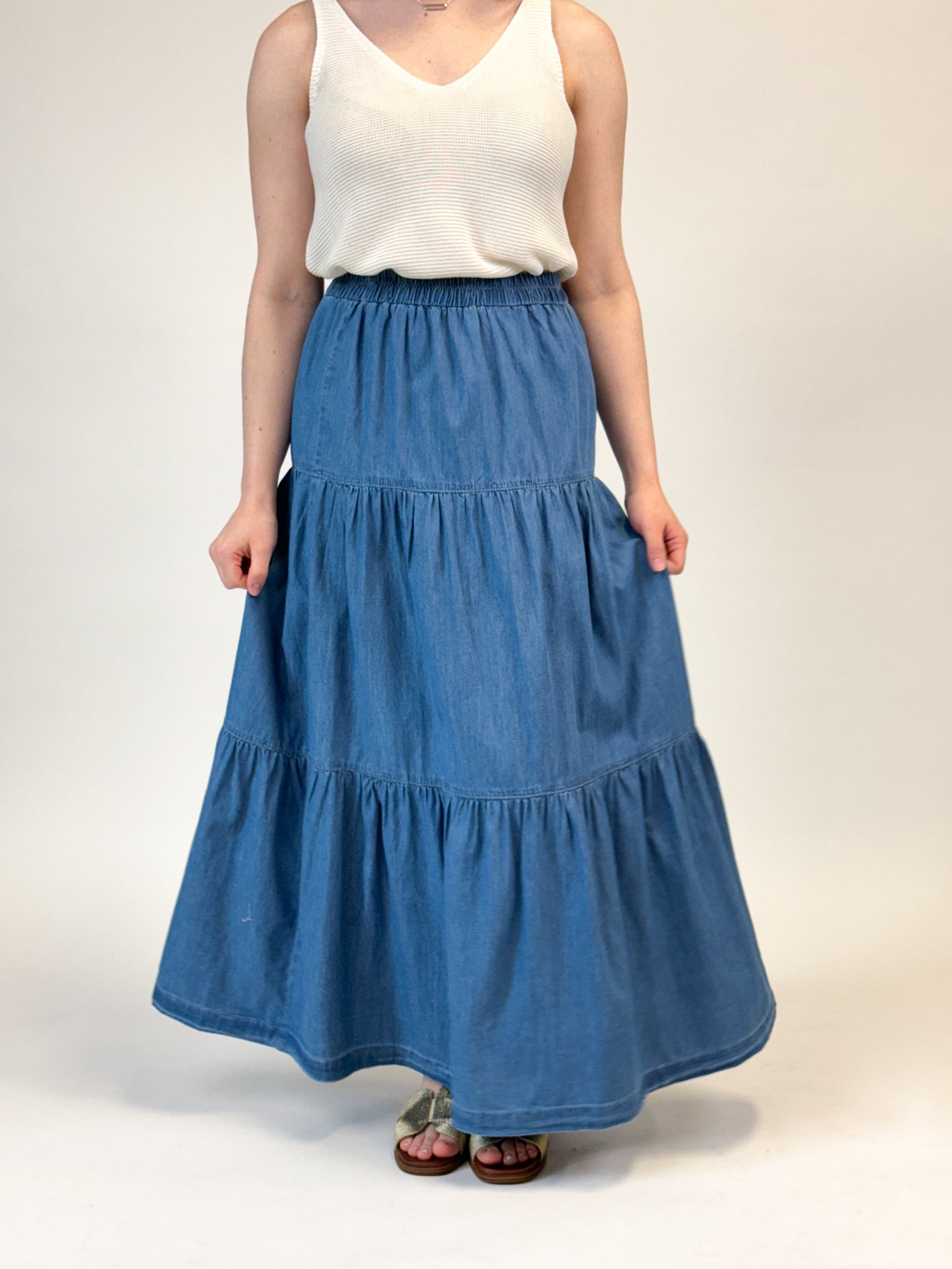 Light Denim Tiered Maxi Skirt