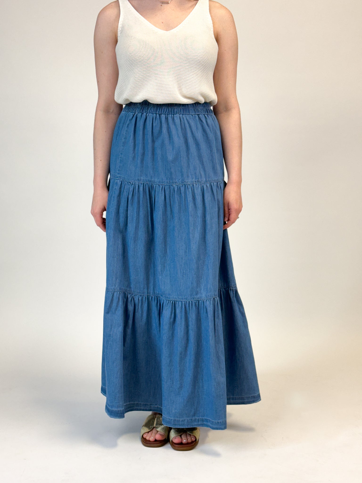 Light Denim Tiered Maxi Skirt