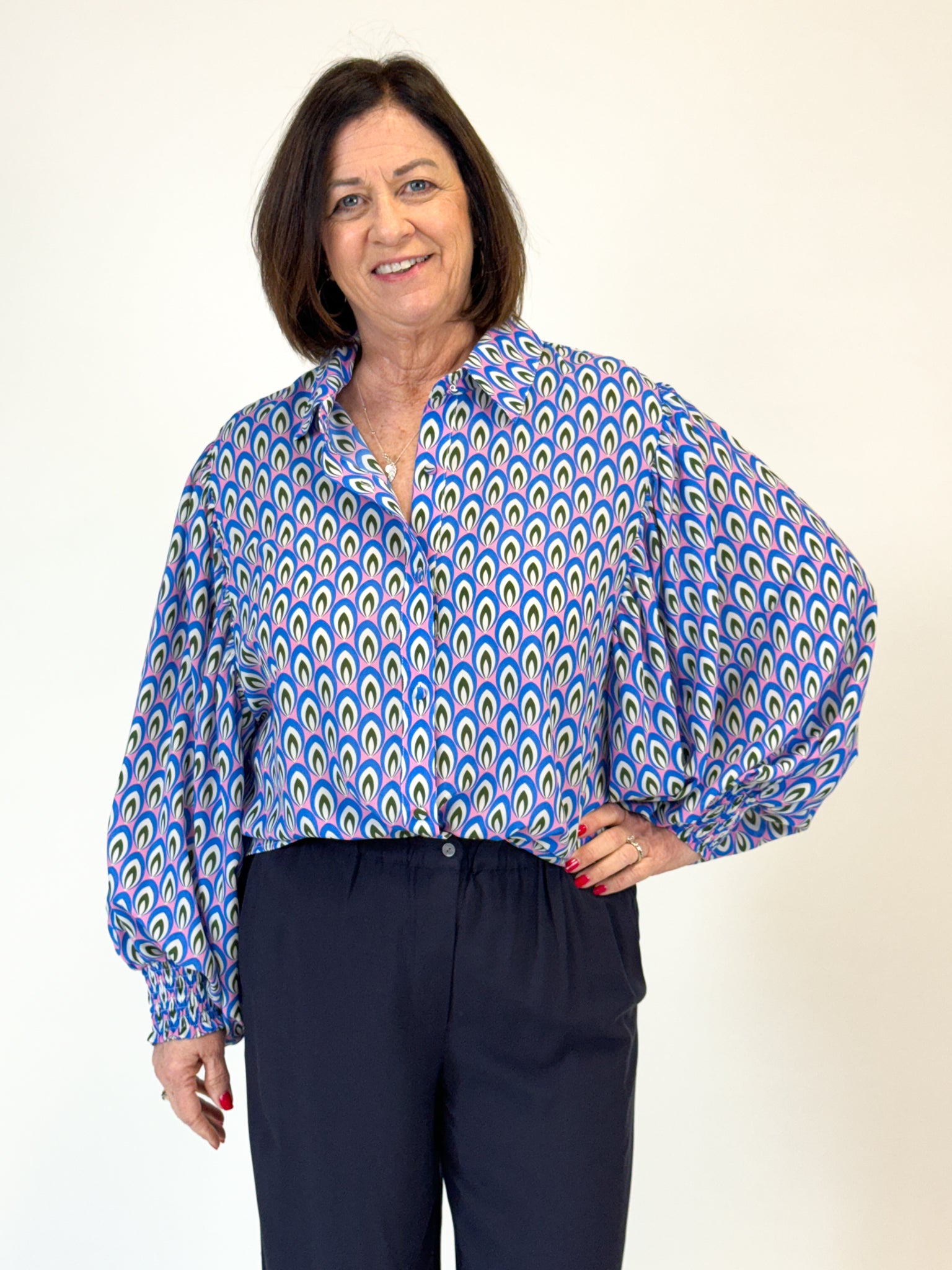 Blue Bubble Sleeve Blouse