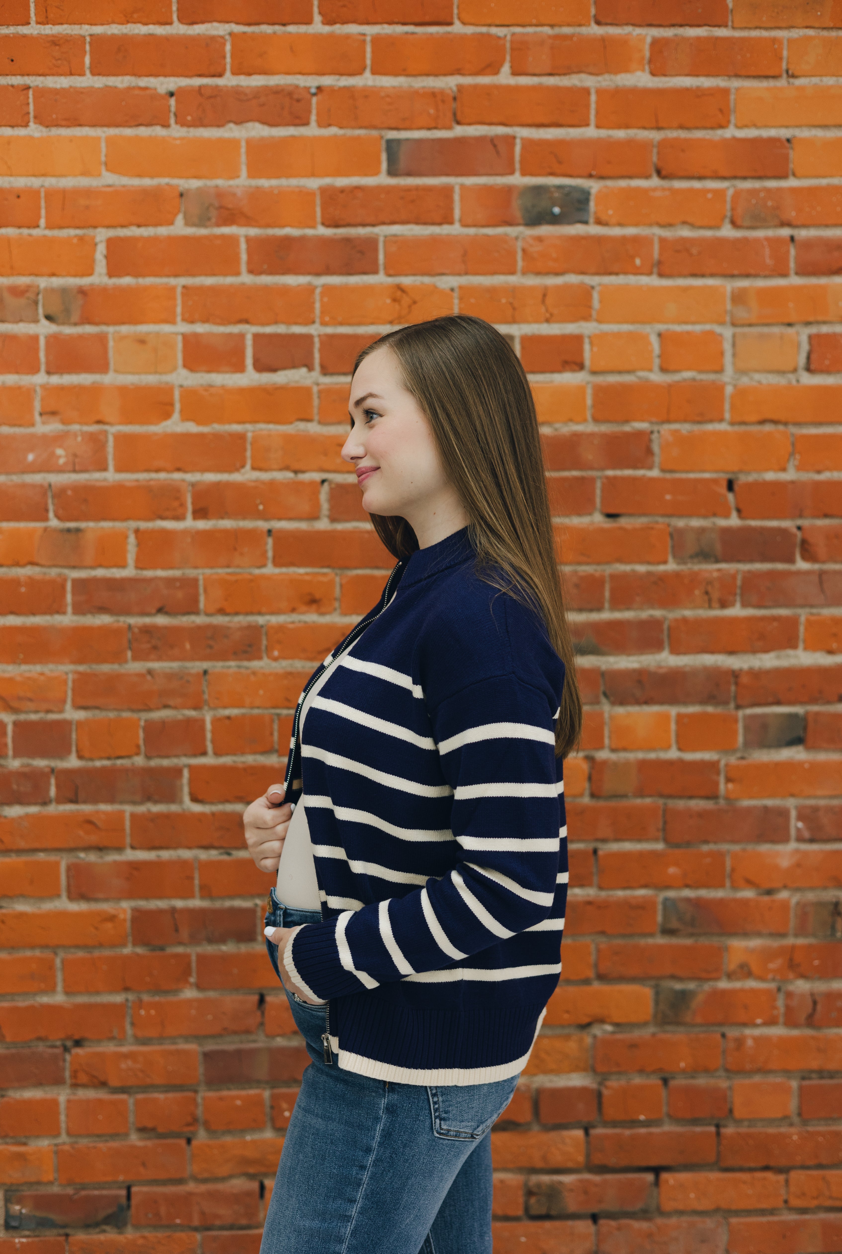 Striped Zipper Front Cardigan - Navy