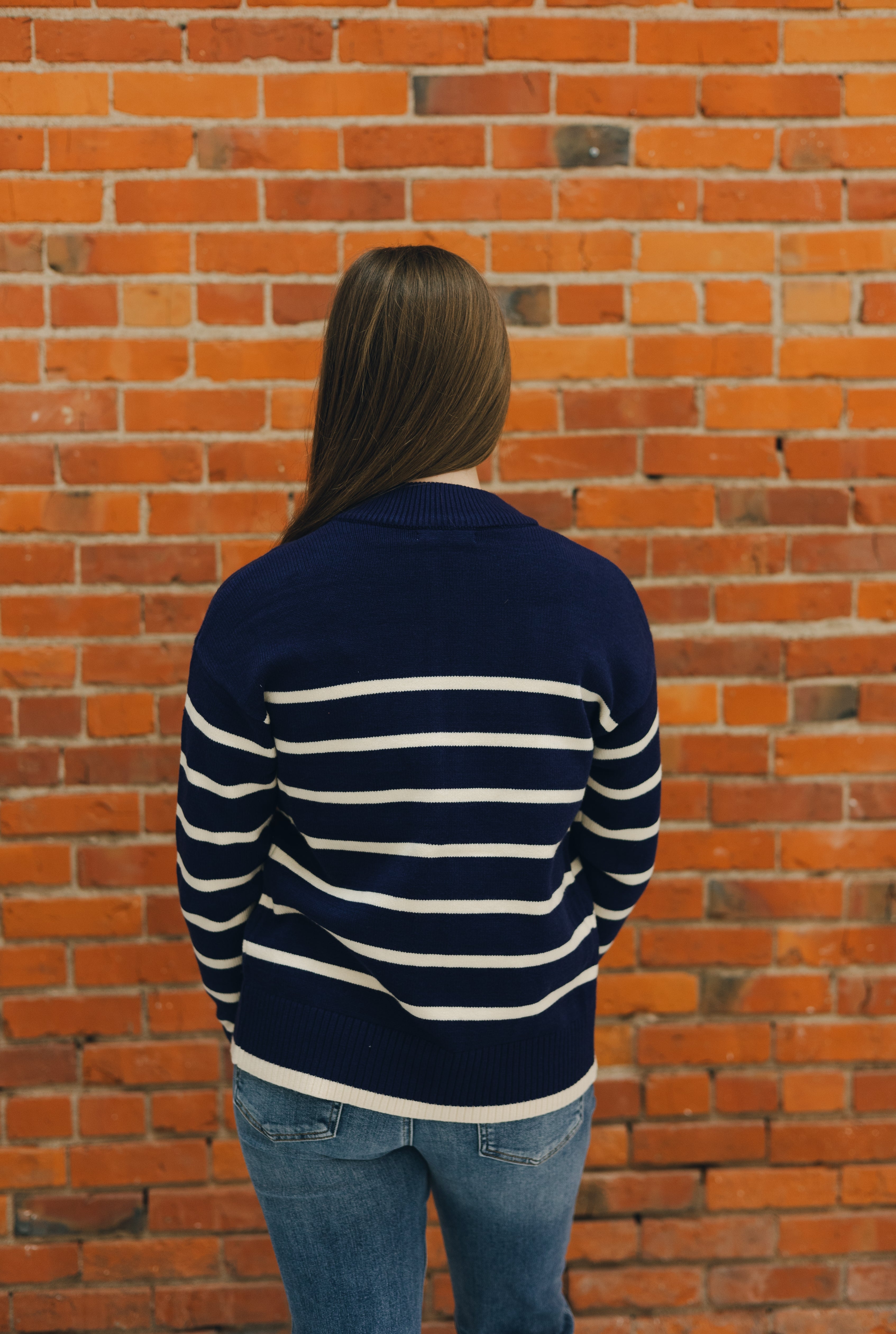 Striped Zipper Front Cardigan - Navy