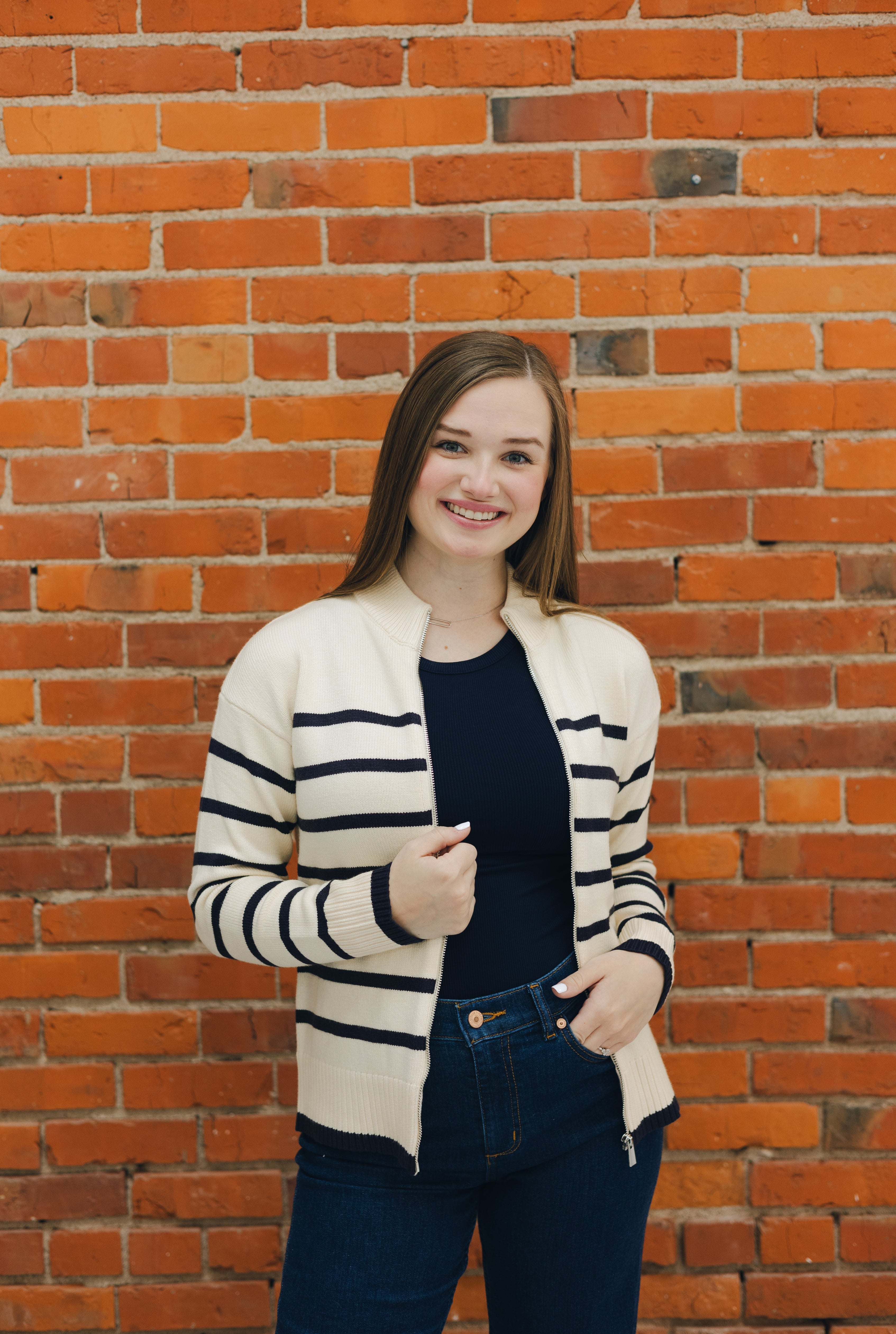 Striped Zipper Front Cardigan - Ivory