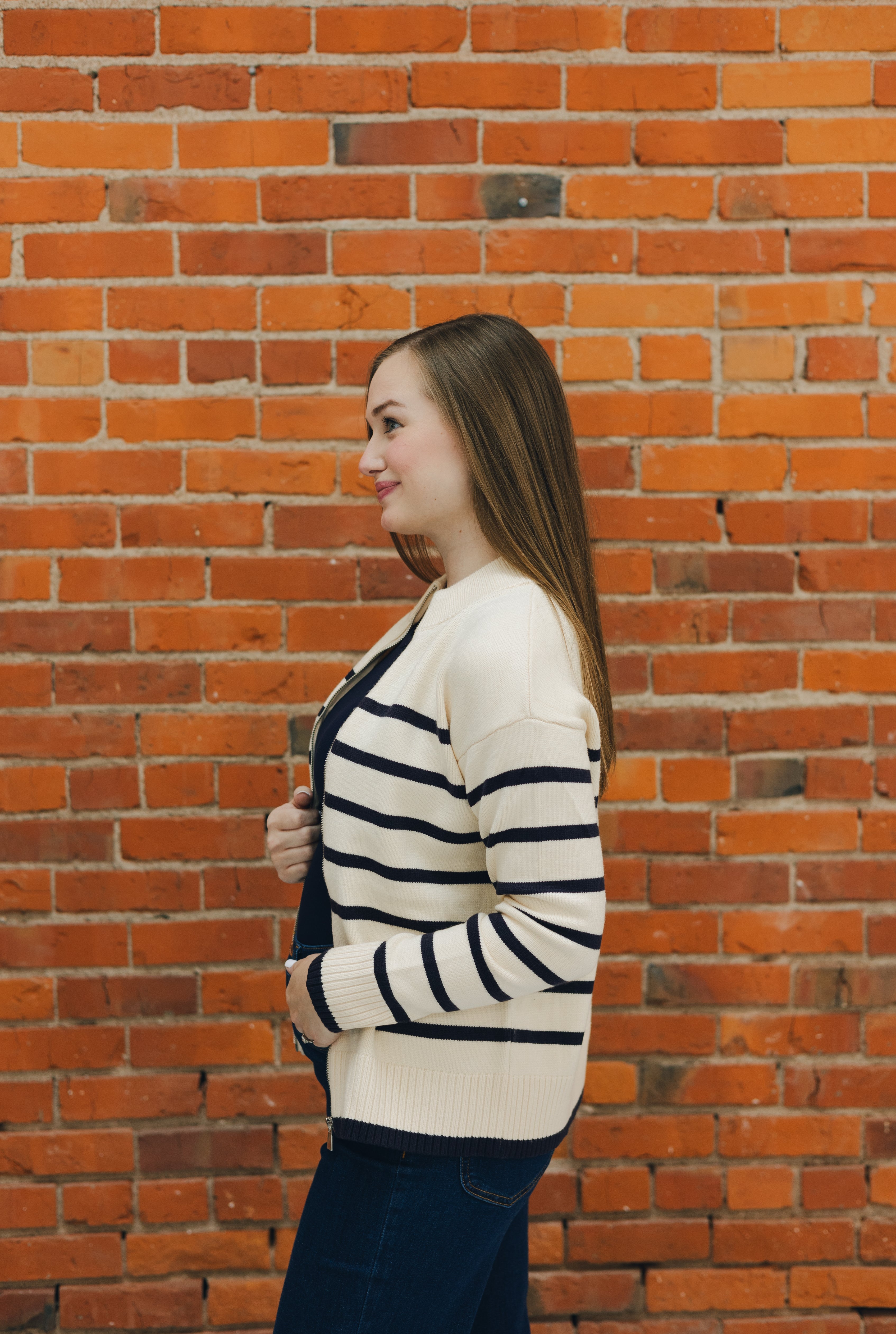 Striped Zipper Front Cardigan - Ivory