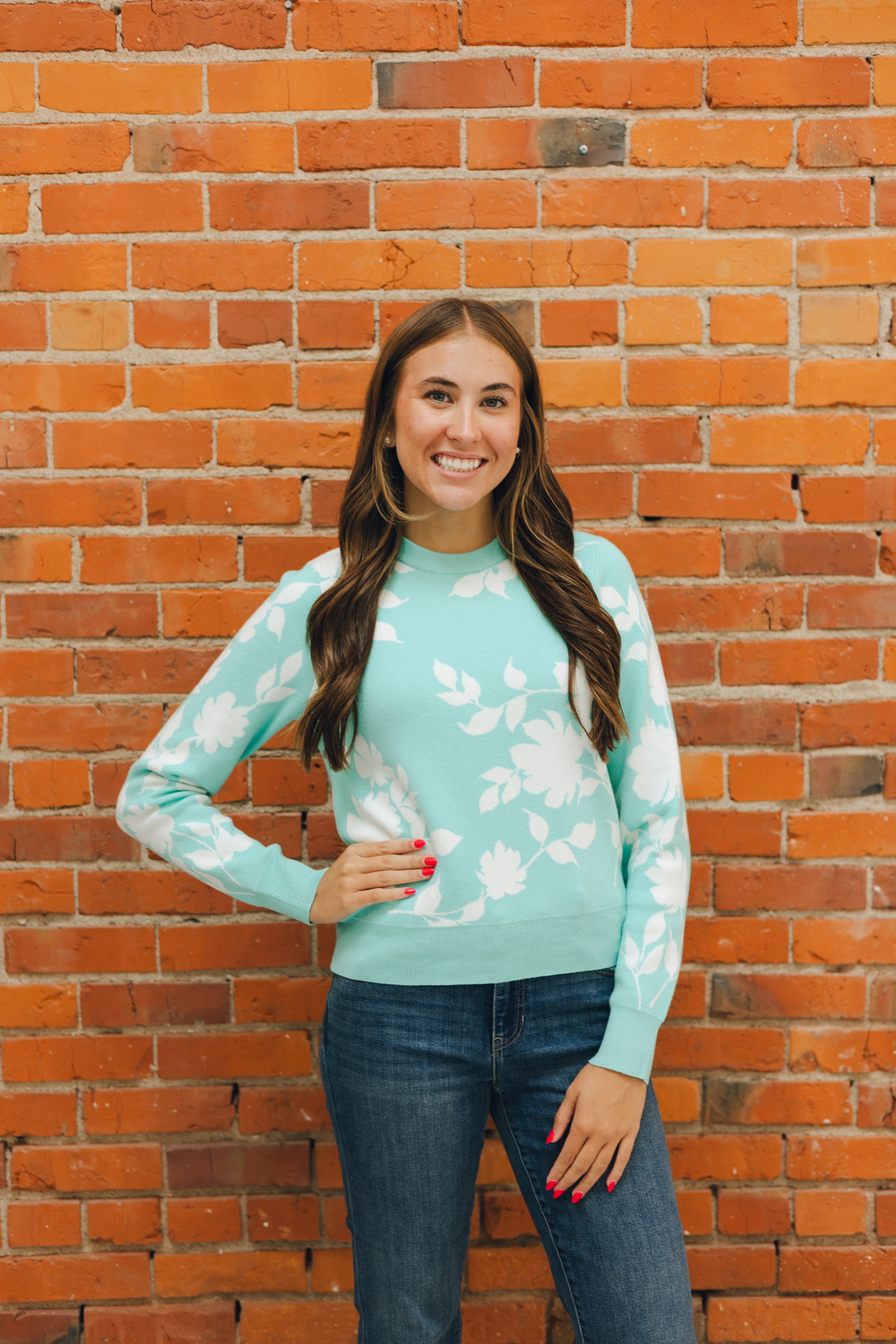 Flower Crew Neck Sweater - Mint