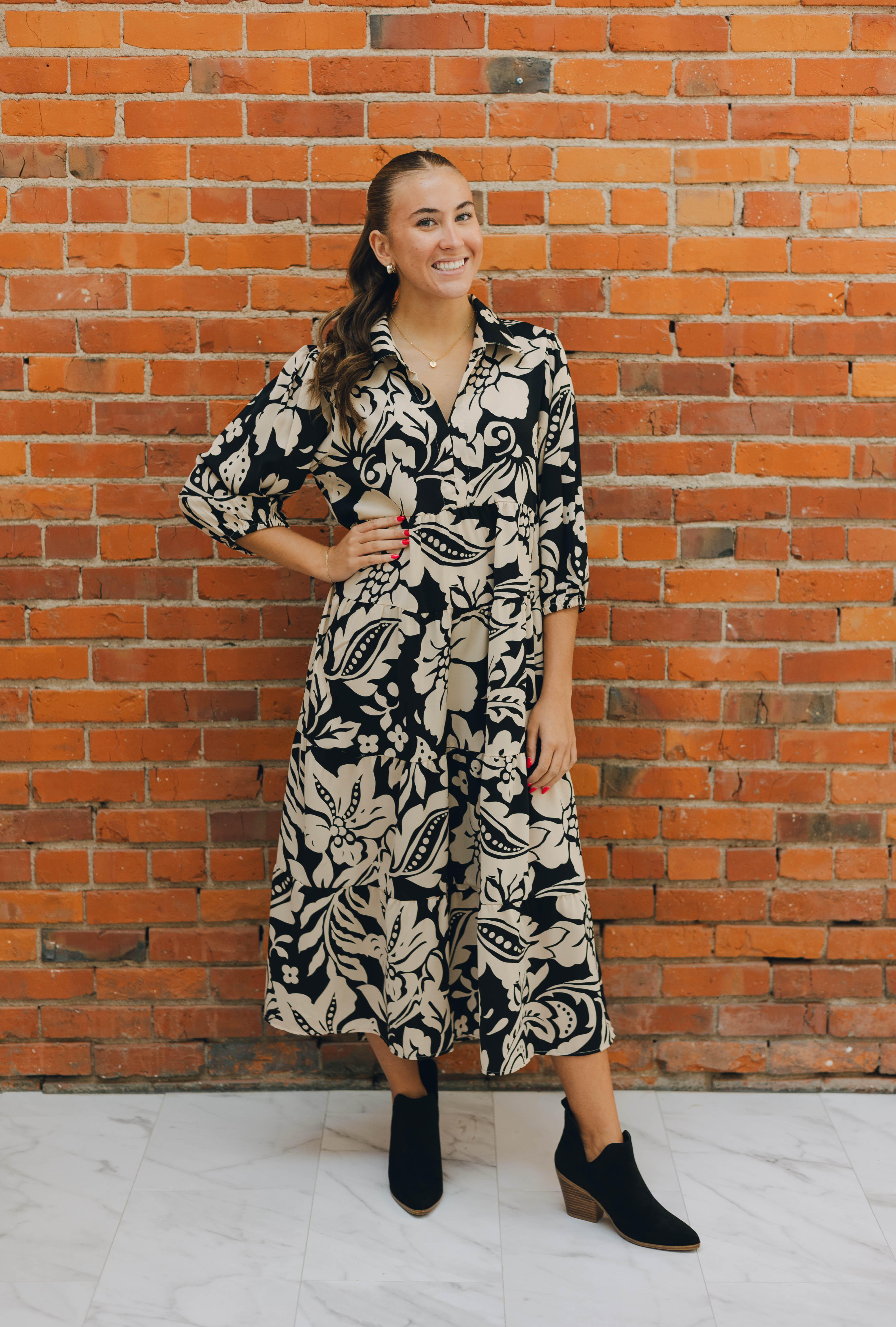 Black & Cream Floral Midi Dress