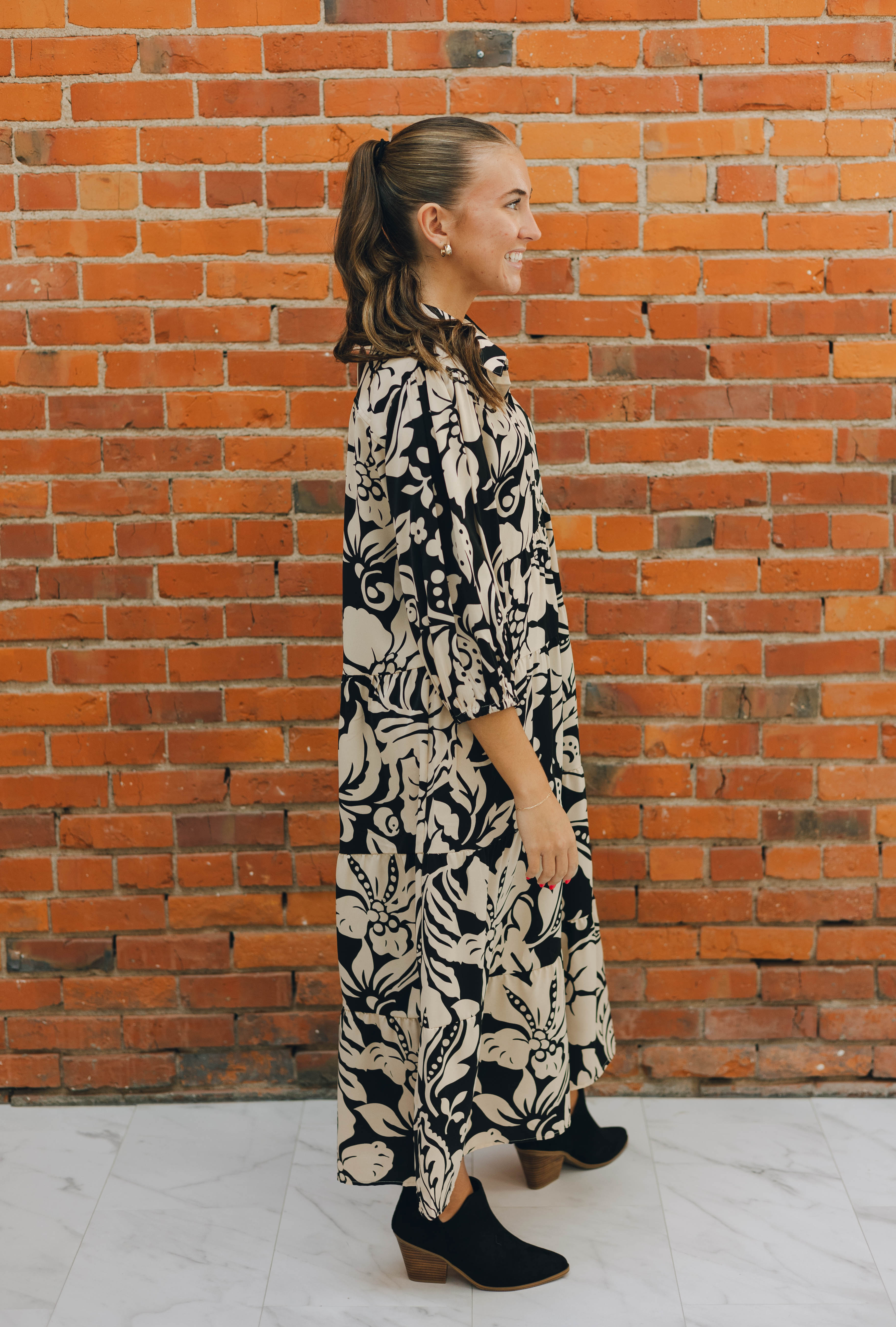 Black & Cream Floral Midi Dress