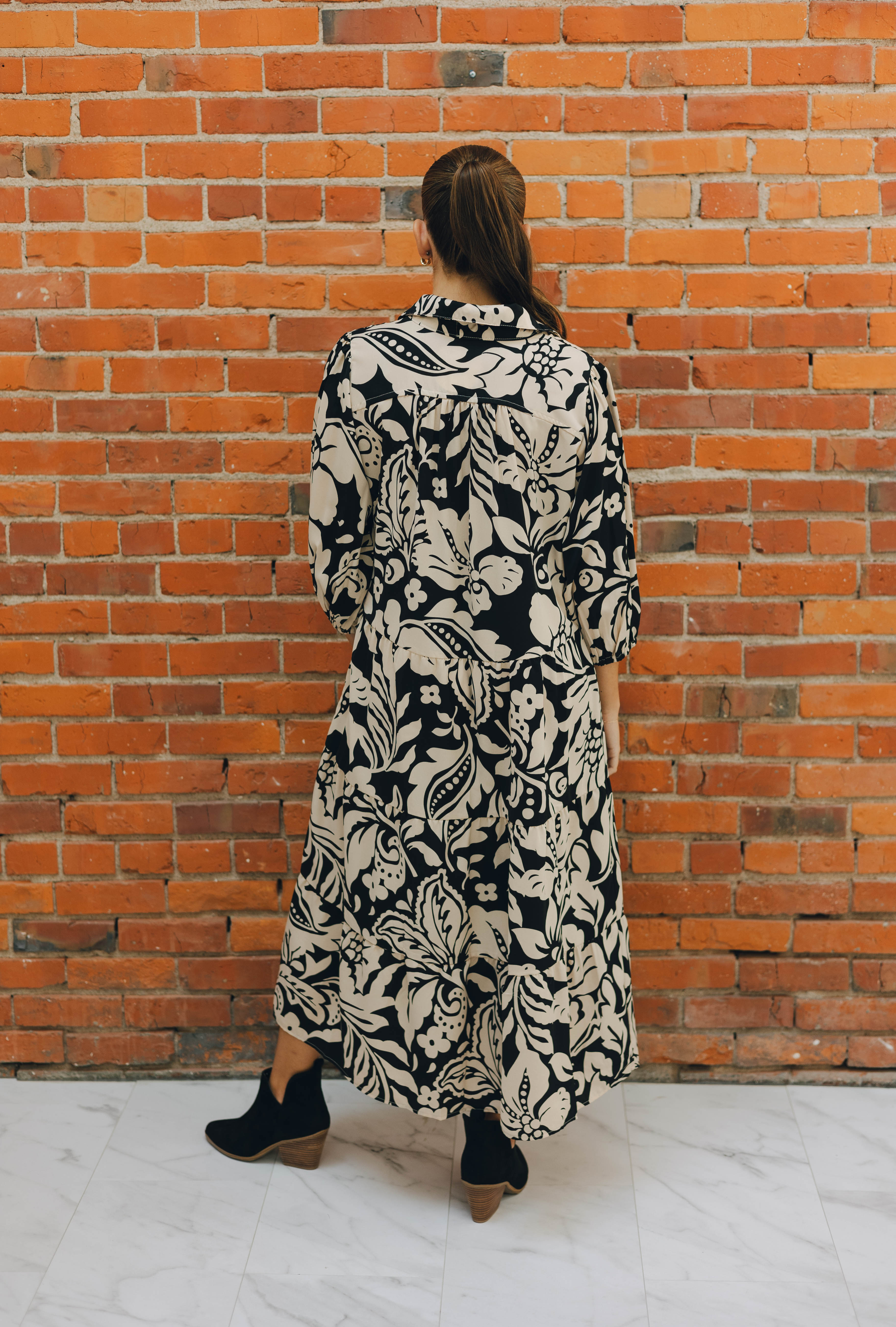 Black & Cream Floral Midi Dress