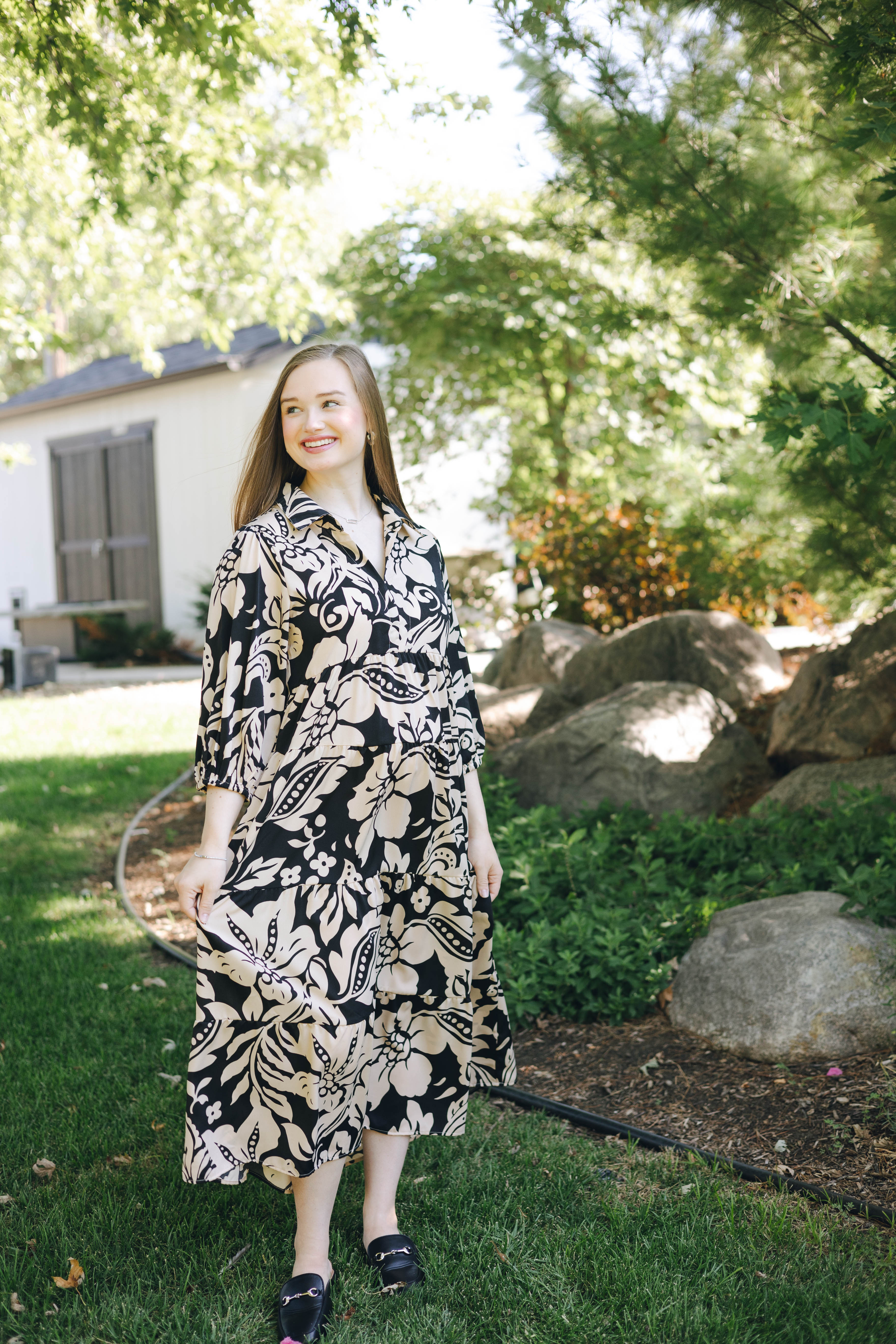 Black & Cream Floral Midi Dress