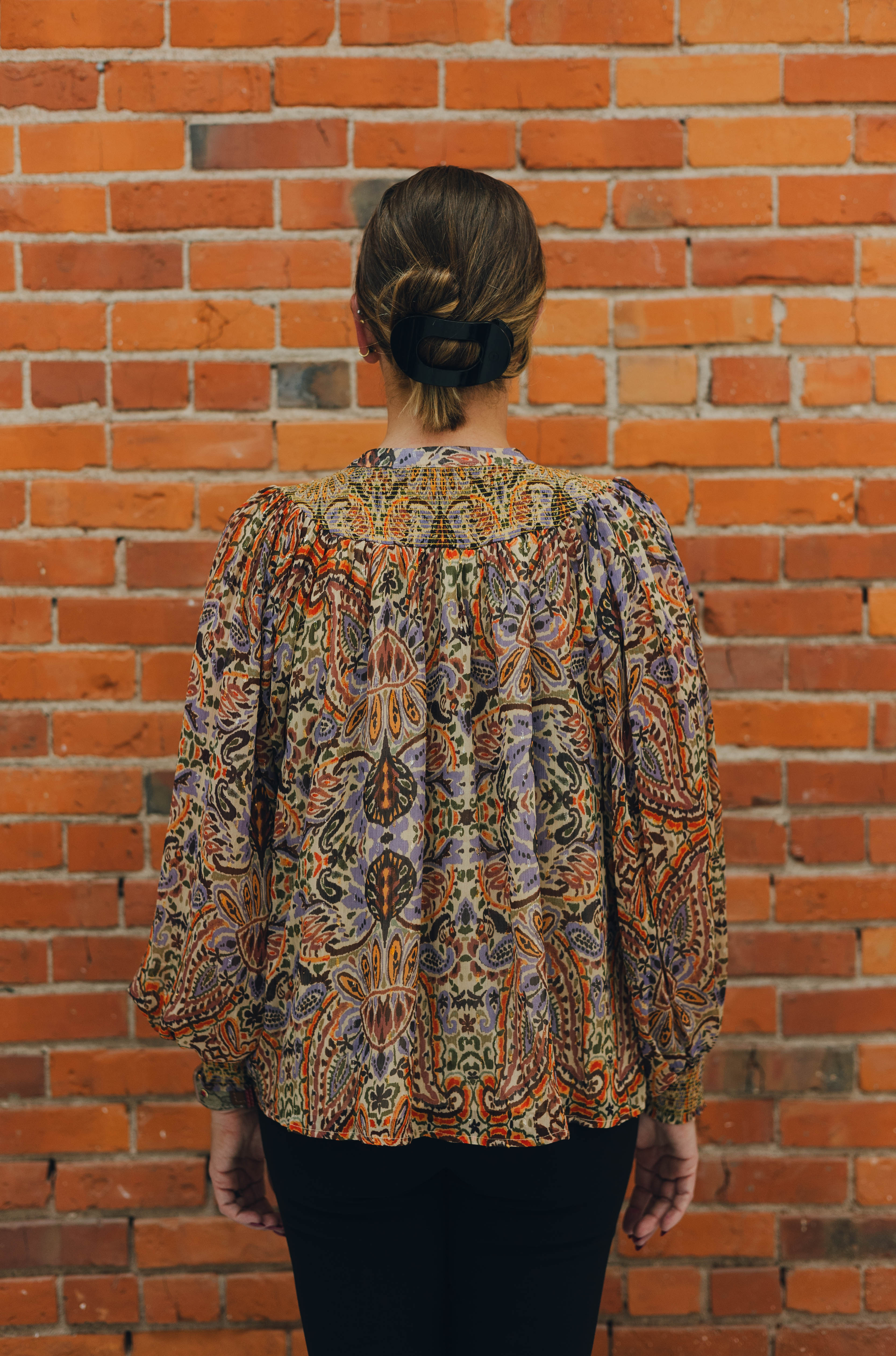 Paisley Print Chiffon Smocked Blouse