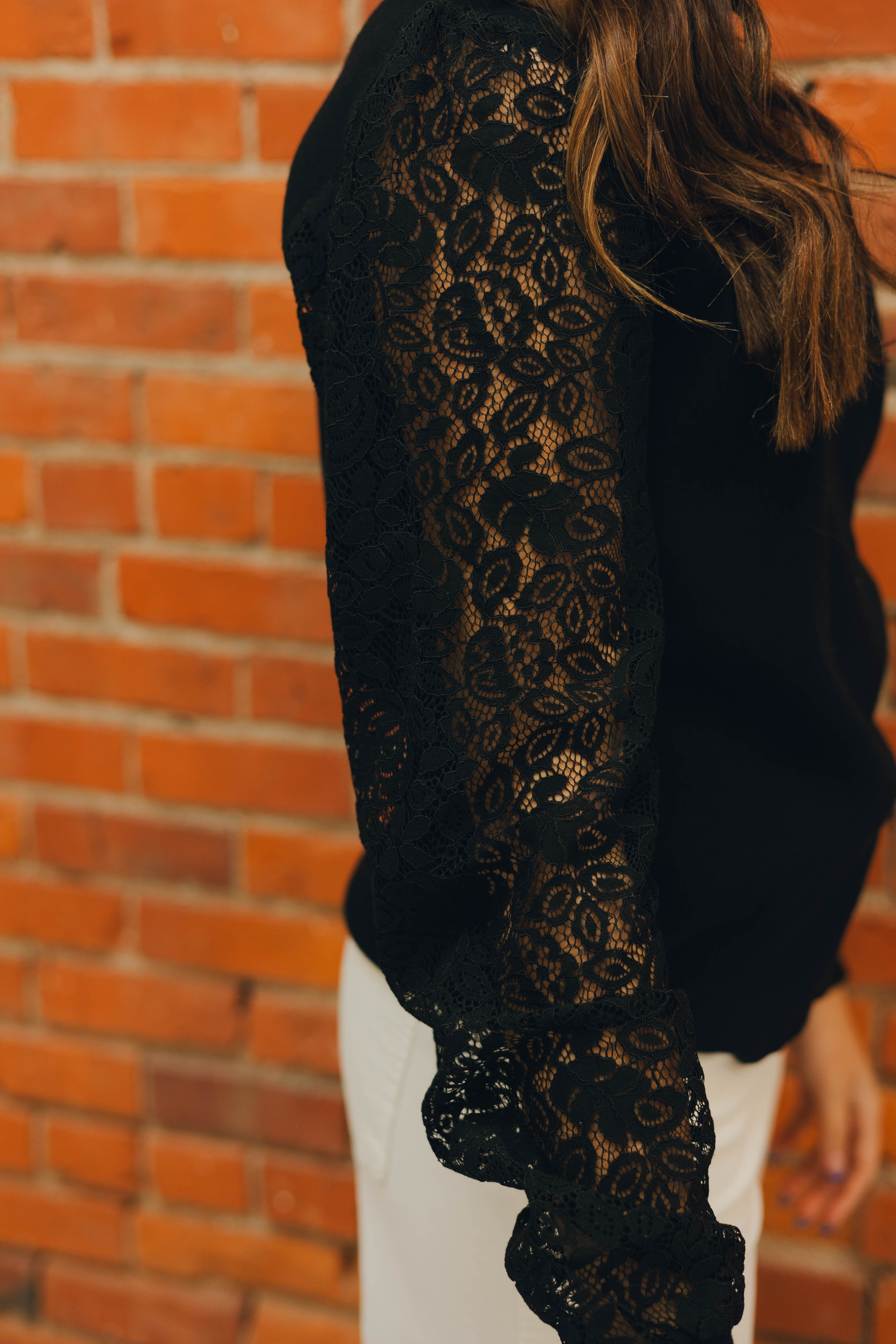 Lace Arm Crew Neck Sweater