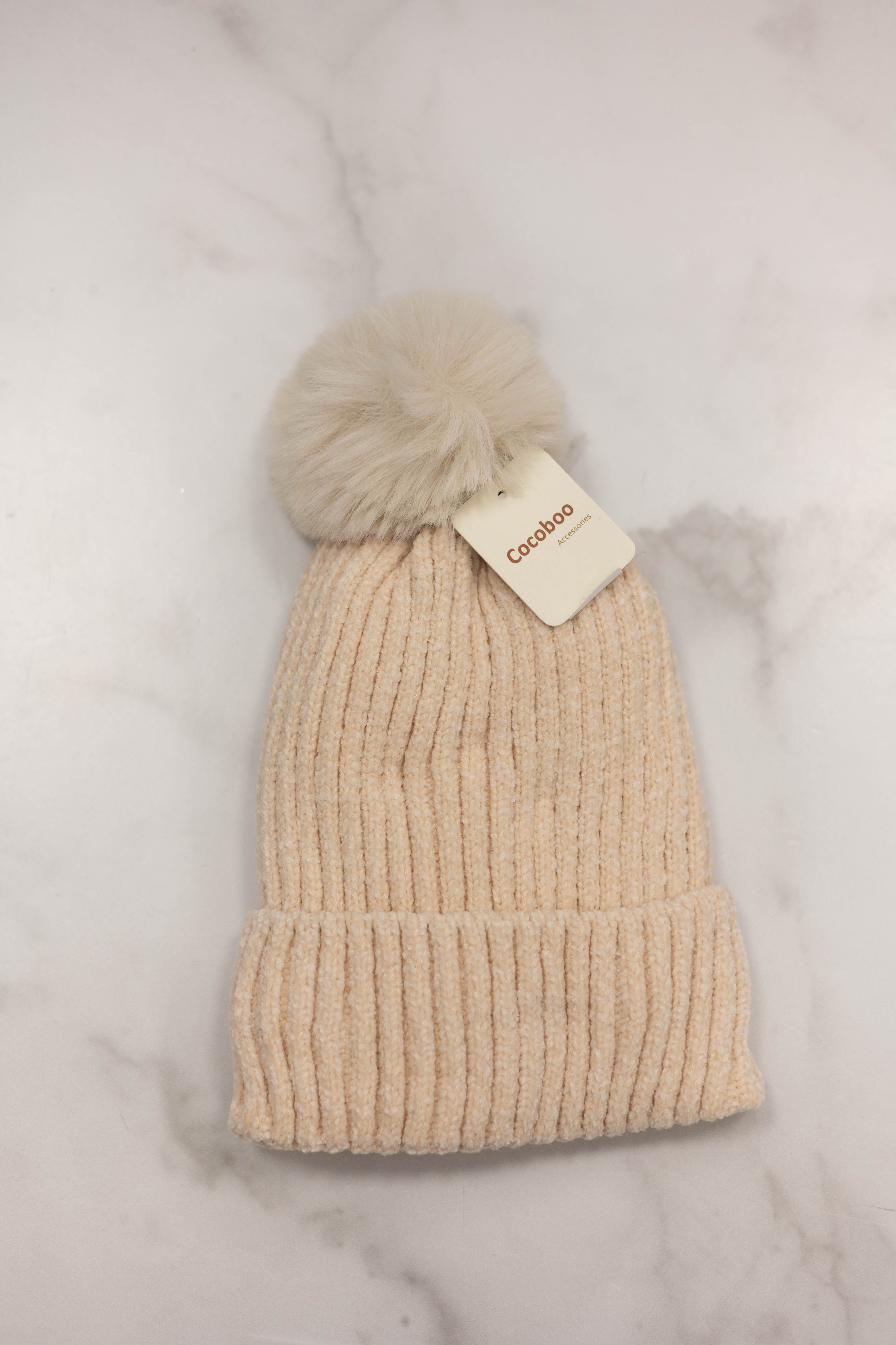 Beige Sweater Knit Pom Hat