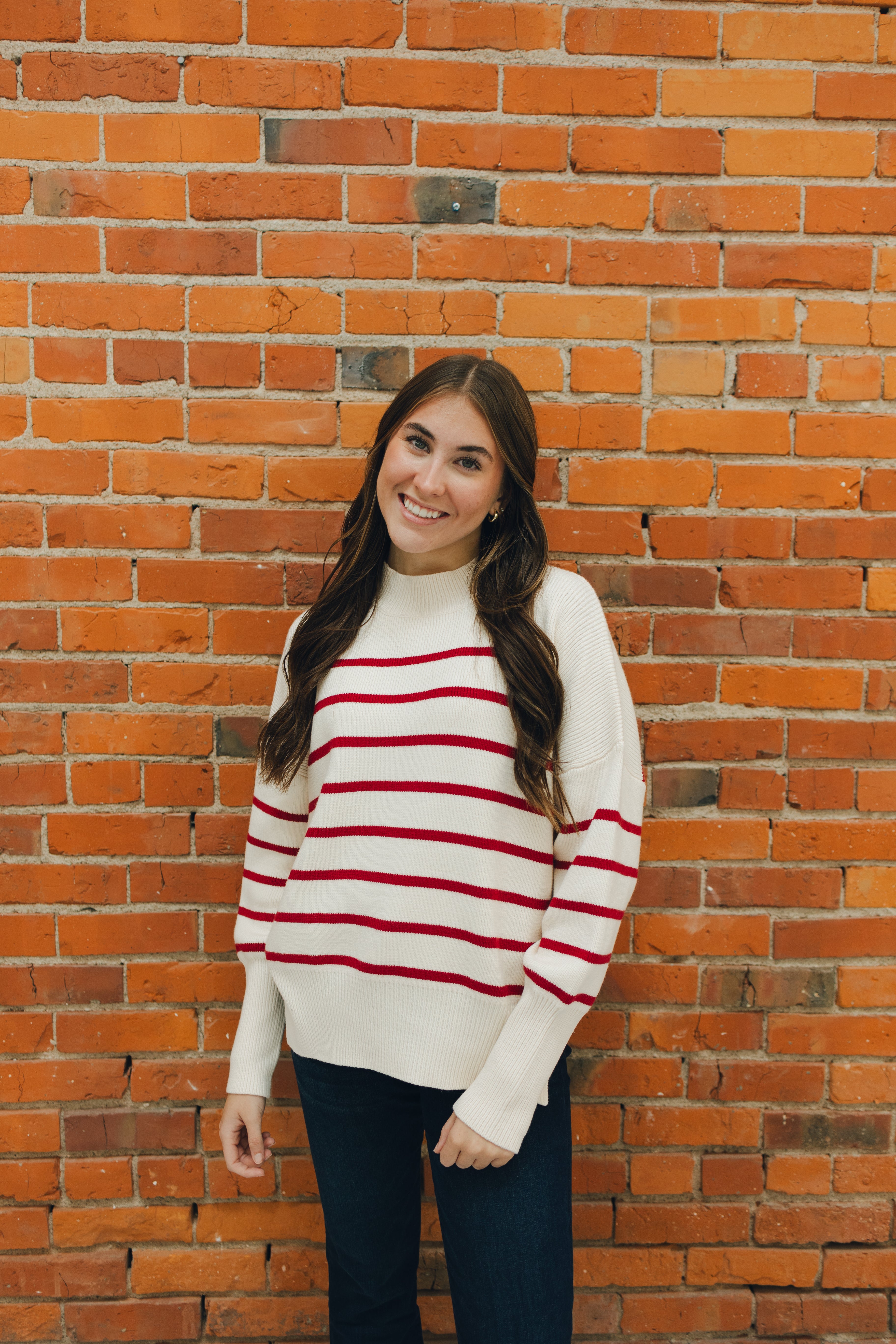 Striped Round Neck Sweater - Scarlet