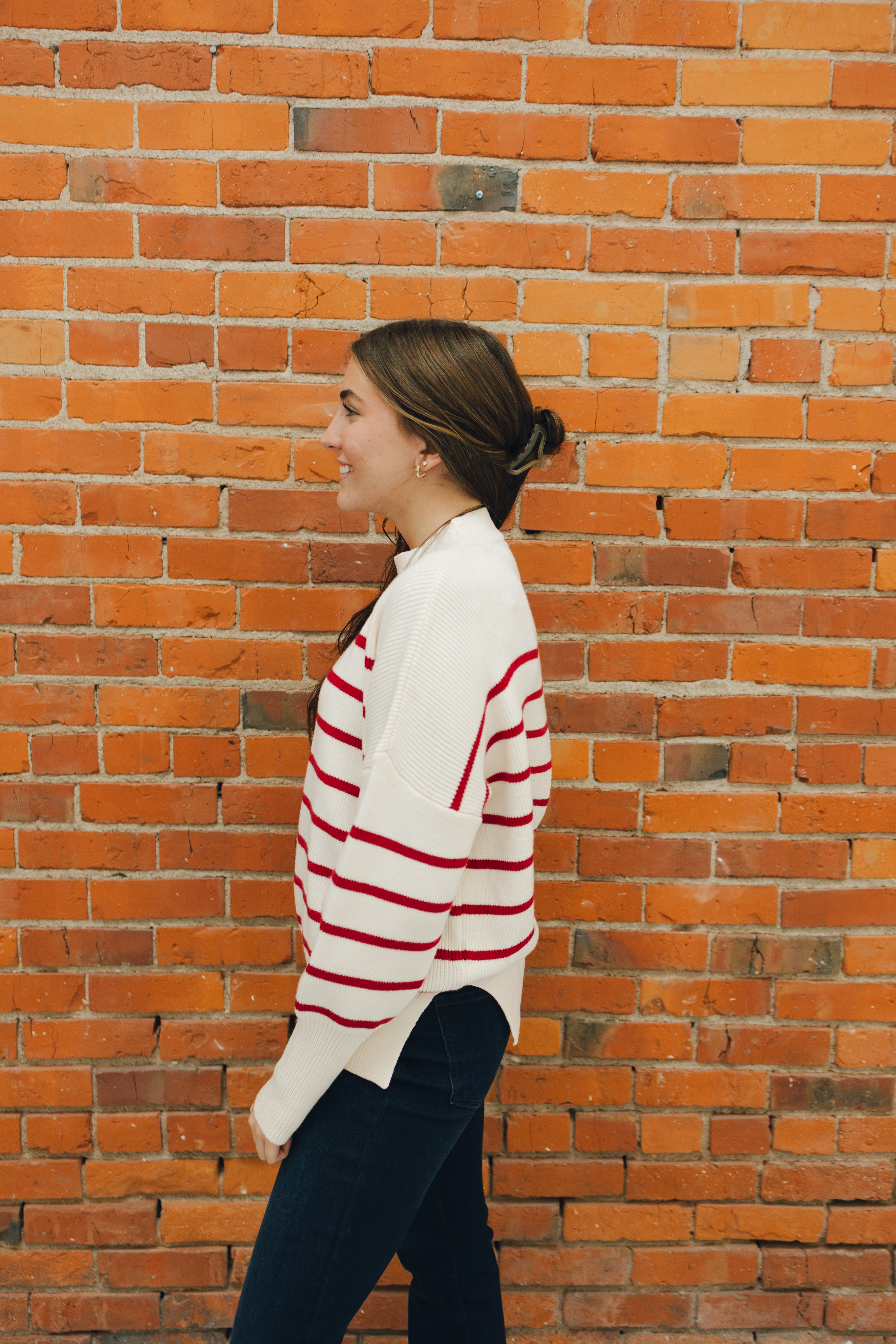 Striped Round Neck Sweater - Scarlet