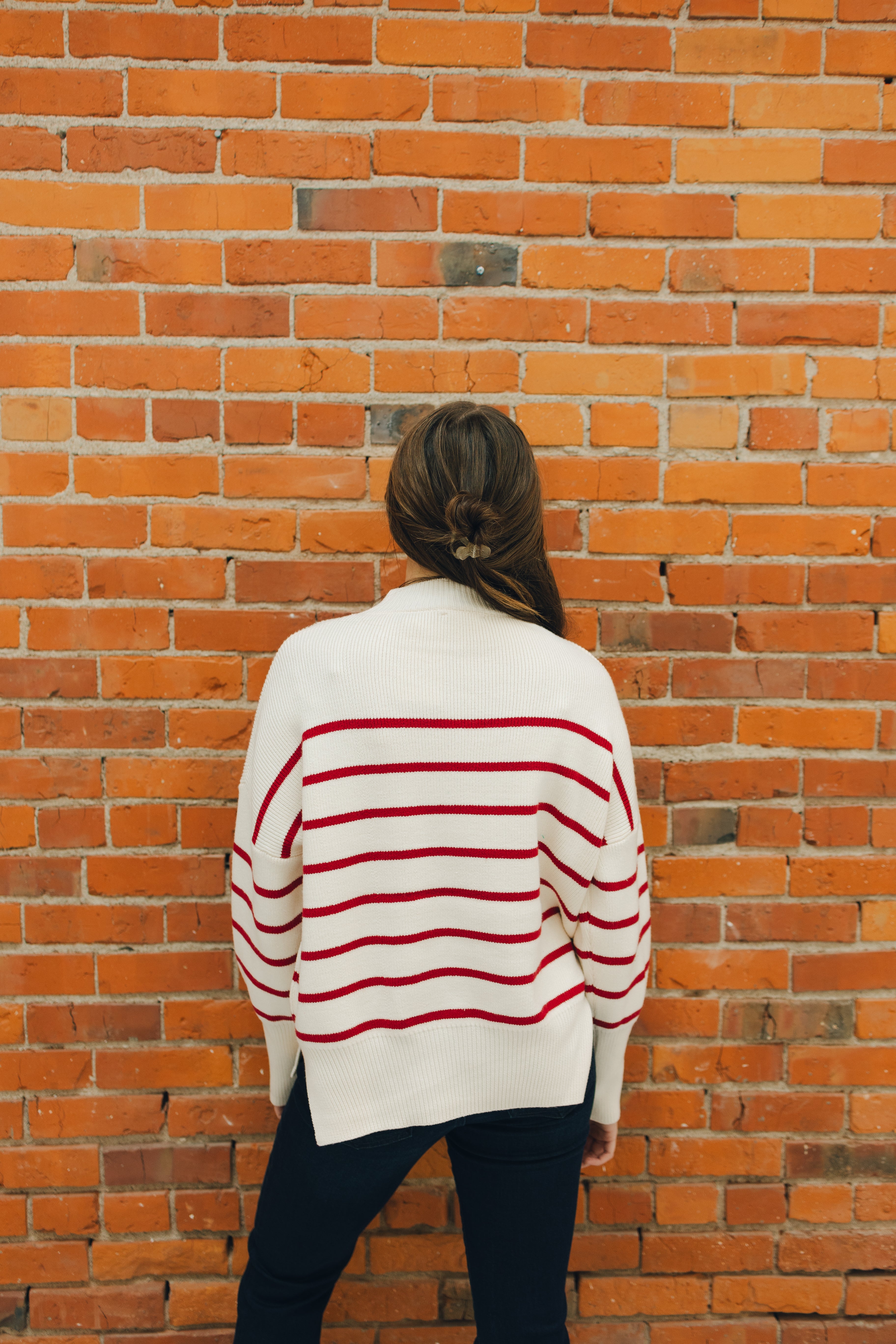 Striped Round Neck Sweater - Scarlet