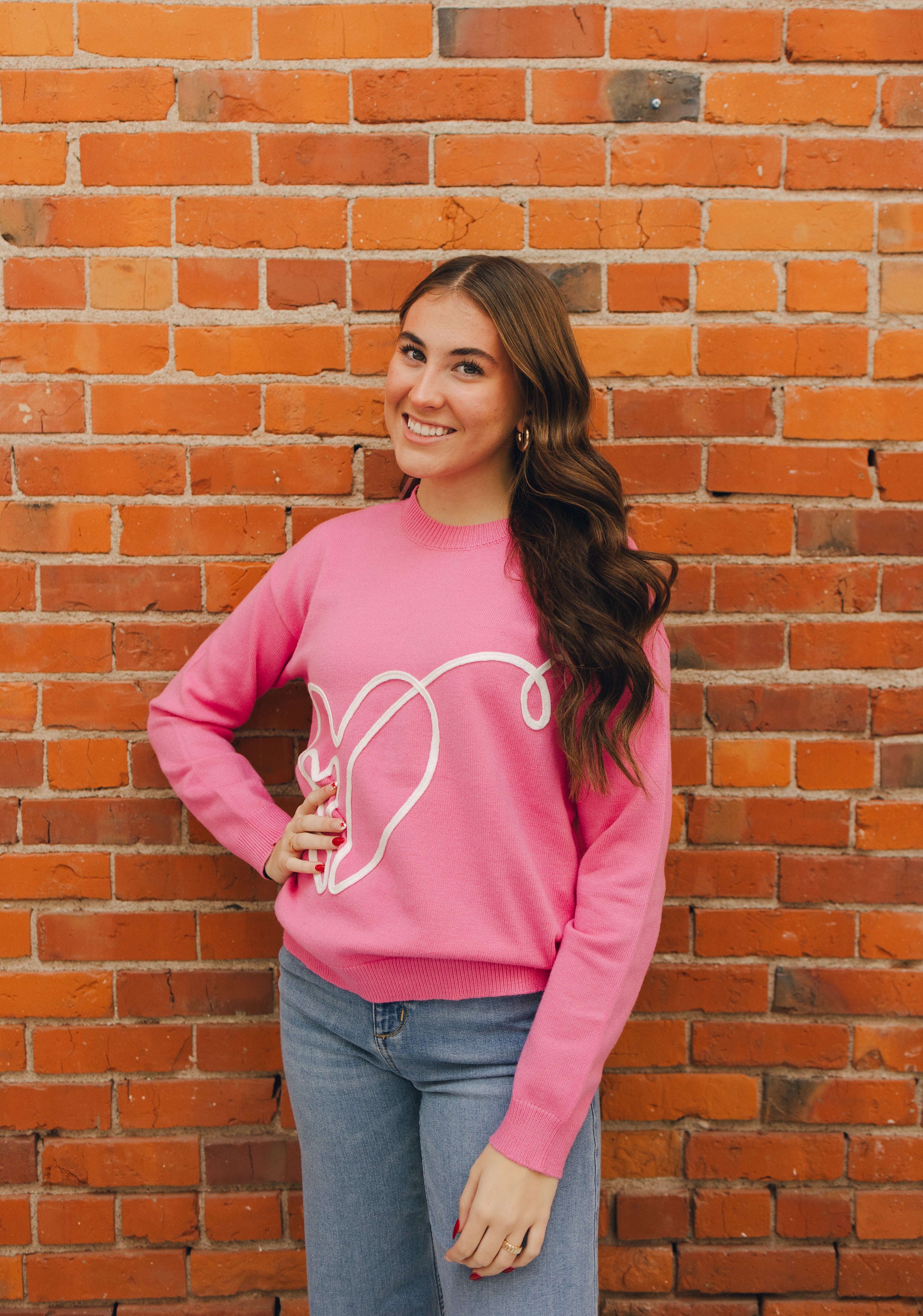 Heart Embroidered Sweater - Hot Pink