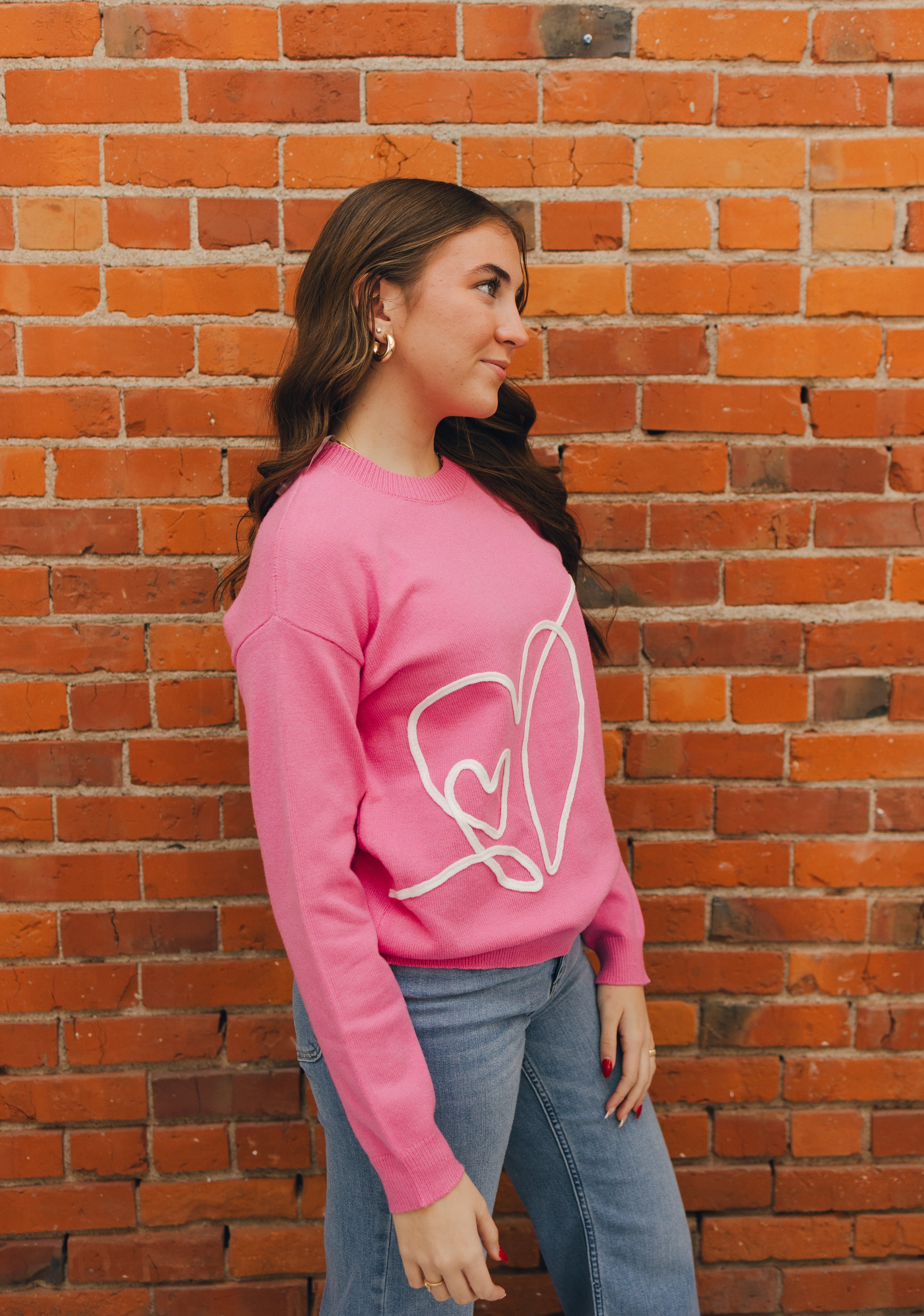 Heart Embroidered Sweater - Hot Pink