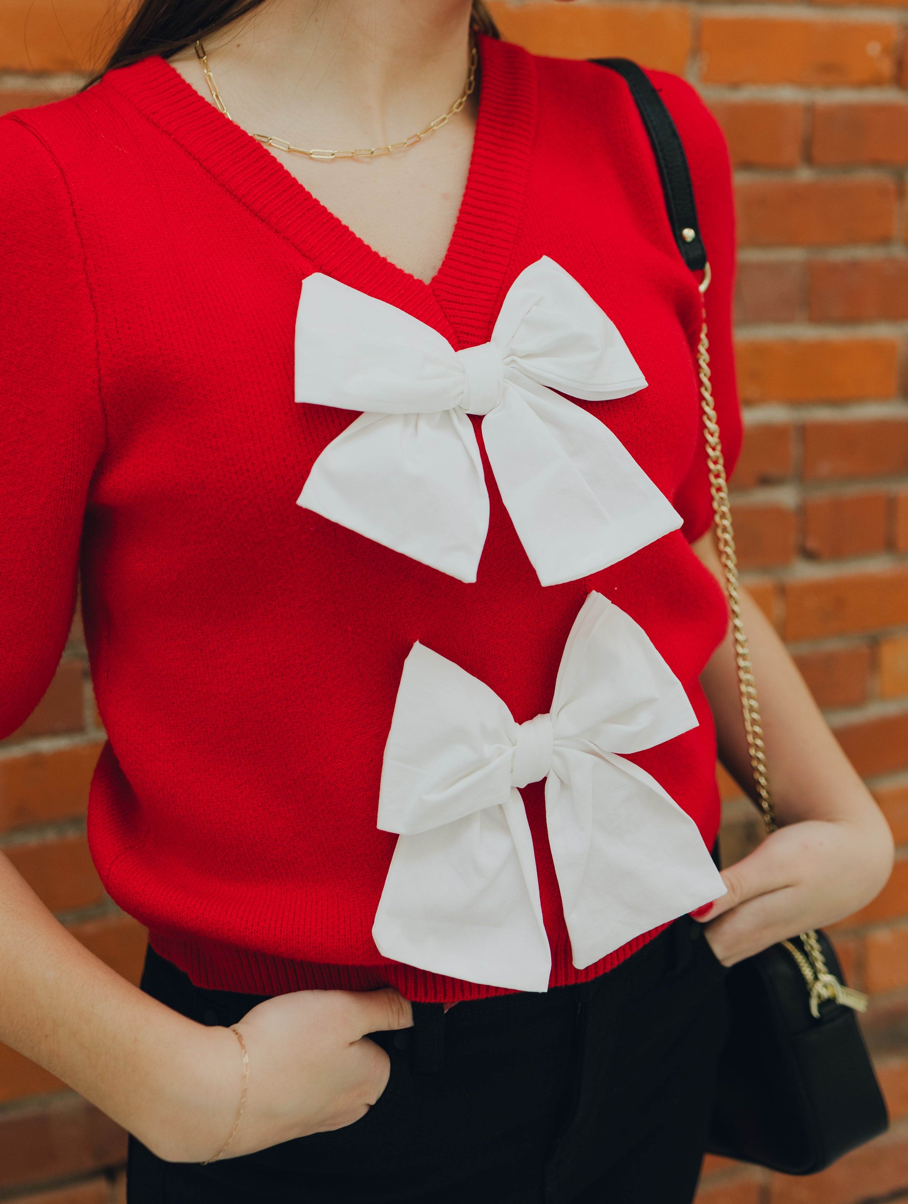 Short Puff Sleeve Bow Front Sweater