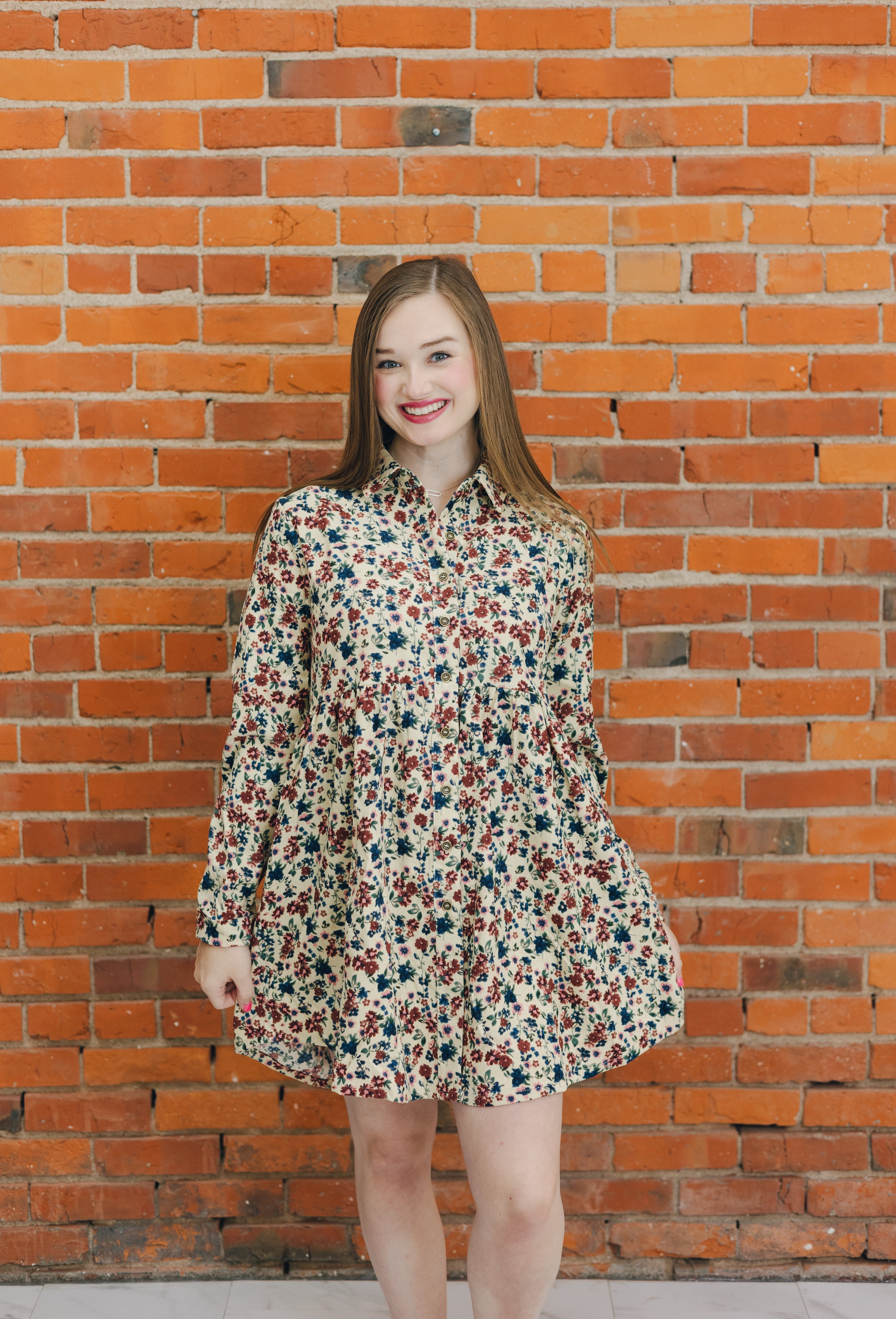 Floral Print Corduroy Collar Dress