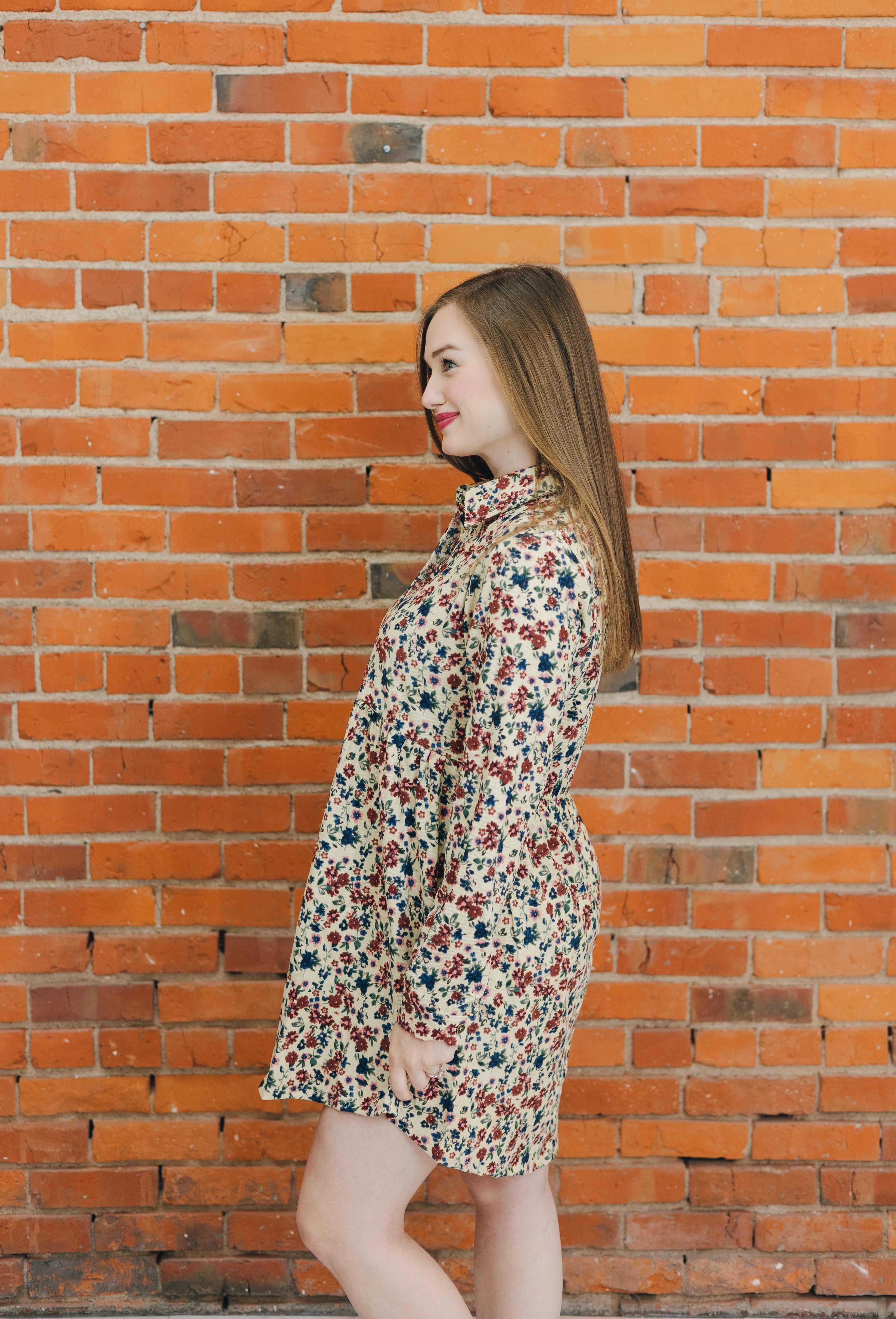 Floral Print Corduroy Collar Dress