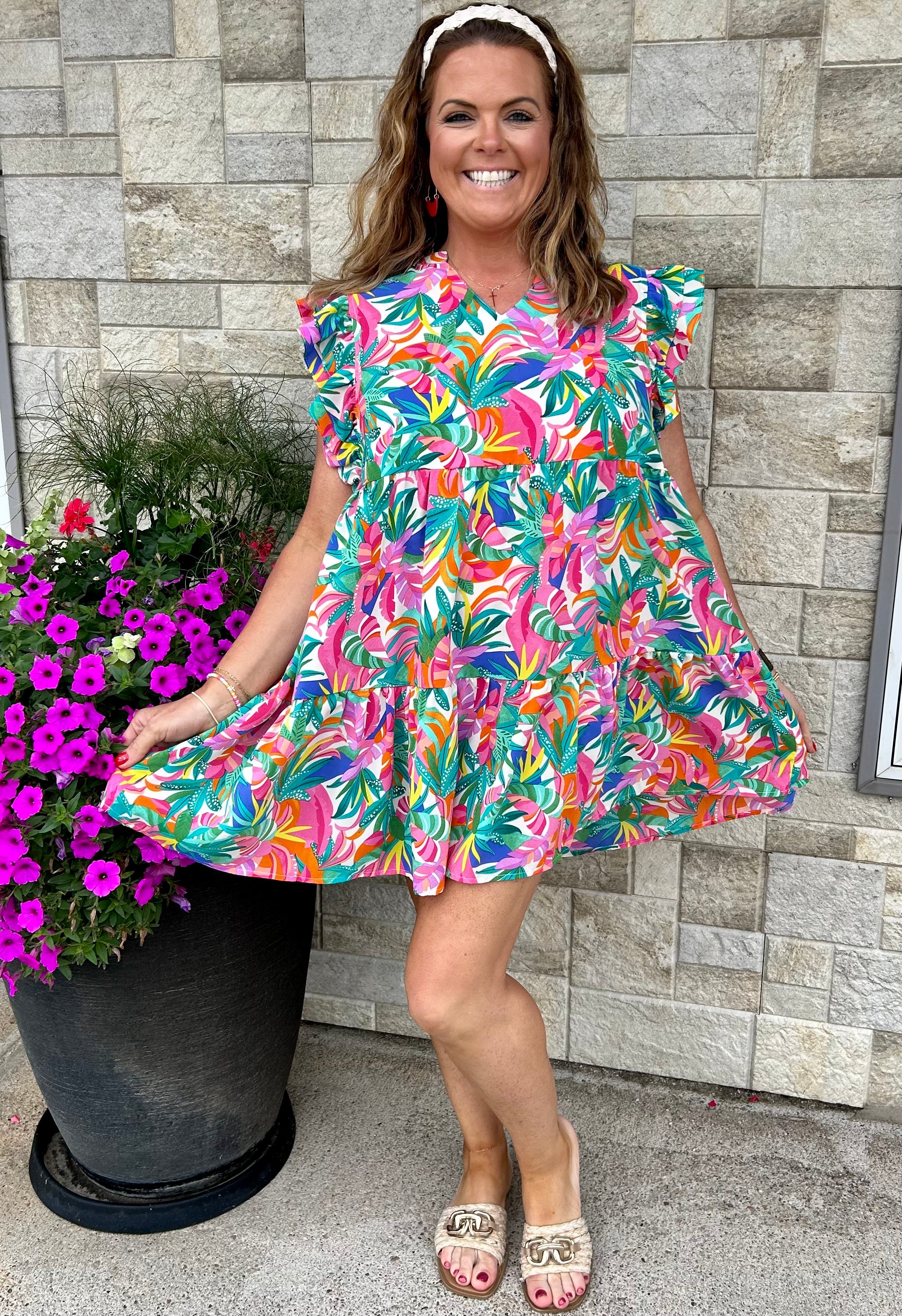 Tropical Print Flutter Sleeve Babydoll Dress